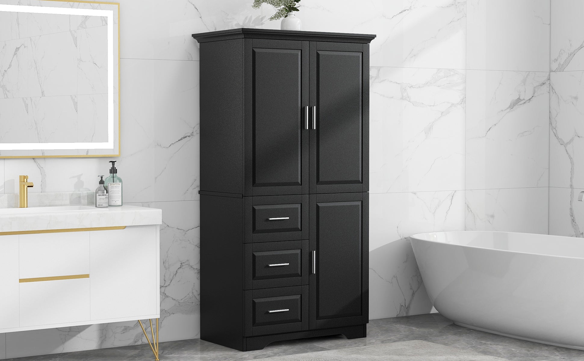 Tall and Wide Storage Cabinet with Doors for Bathroom black-mdf