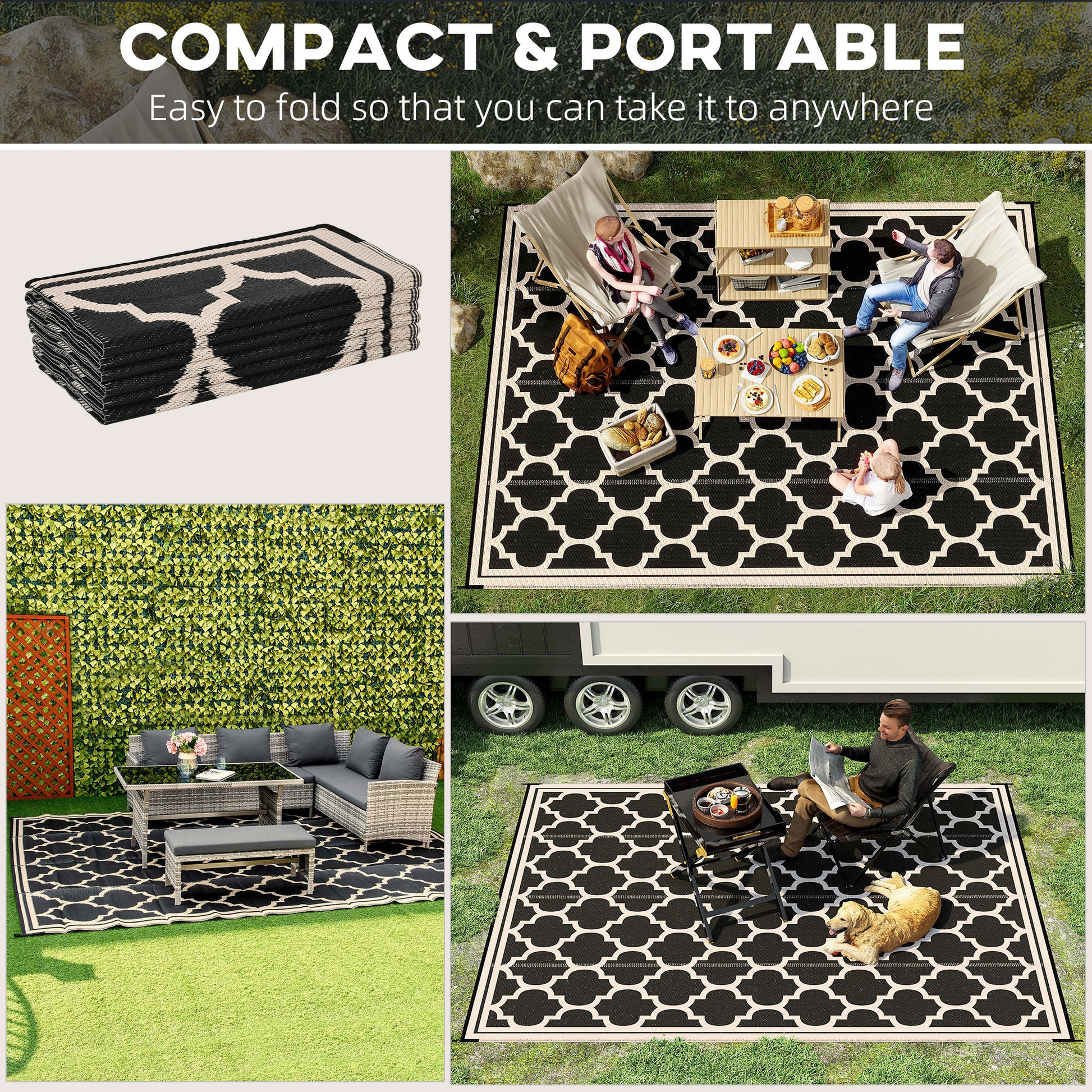 Outsunny Reversible Outdoor Rug Carpet, 9' X 18' Waterproof Plastic Straw Rug, Portable Rv Camping Rugs With Carry Bag, Large Floor Mat For Backyard, Deck, Picnic, Beach, Black & Beige Black Polypropylene