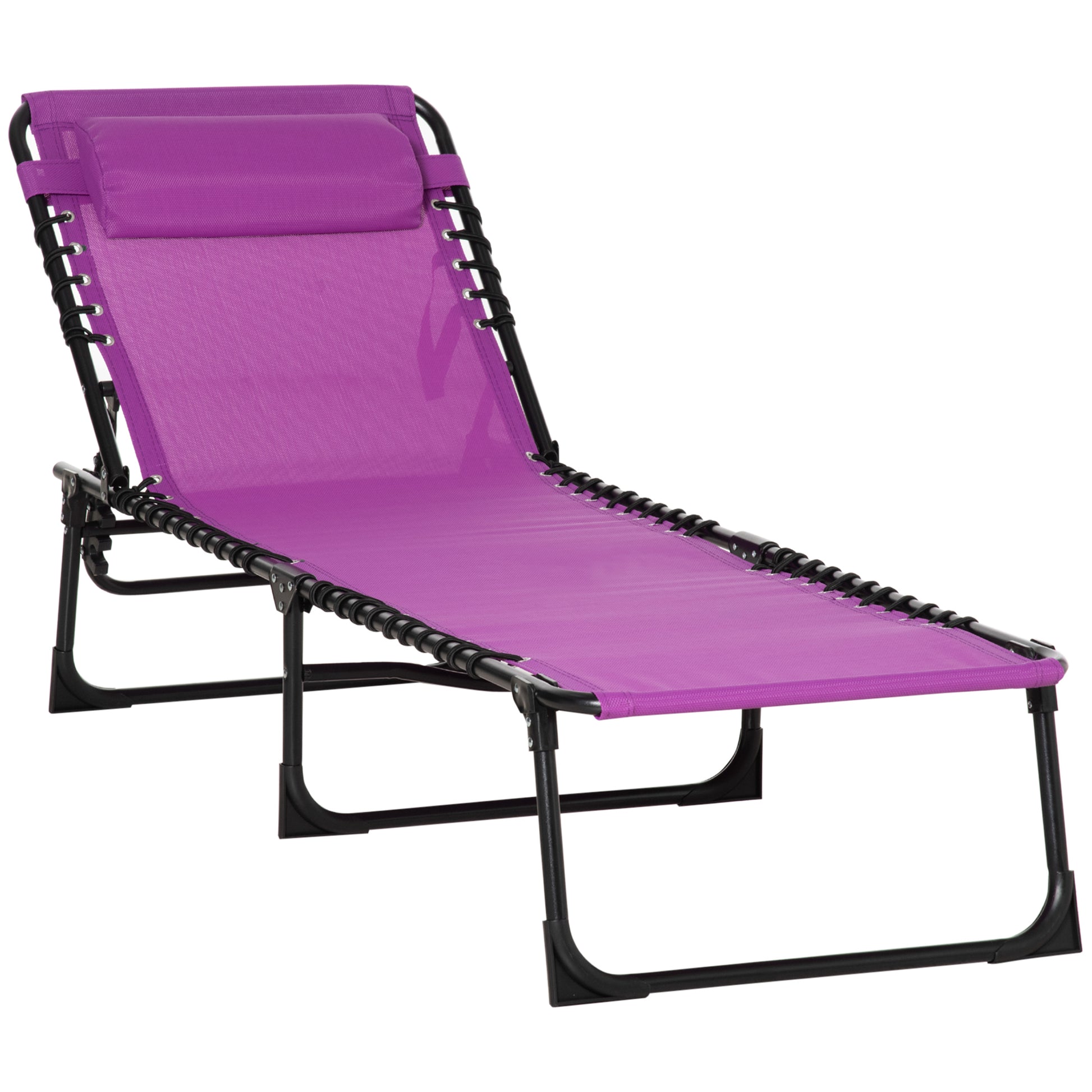 Outsunny Folding Chaise Lounge Pool Chair, Patio Sun Tanning Chair, Outdoor Lounge Chair W 4 Position Reclining Back, Pillow,Mesh & Bungee Seat For Beach, Yard, Patio, Purple Purple Steel