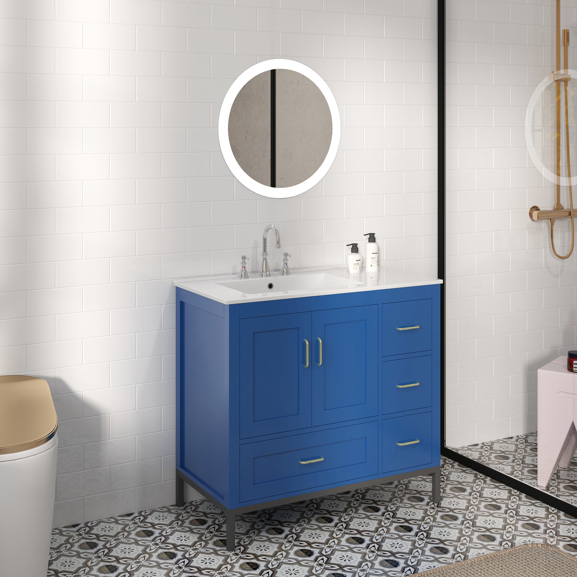 Bathroom Vanity Blue Solid Wood Mdf