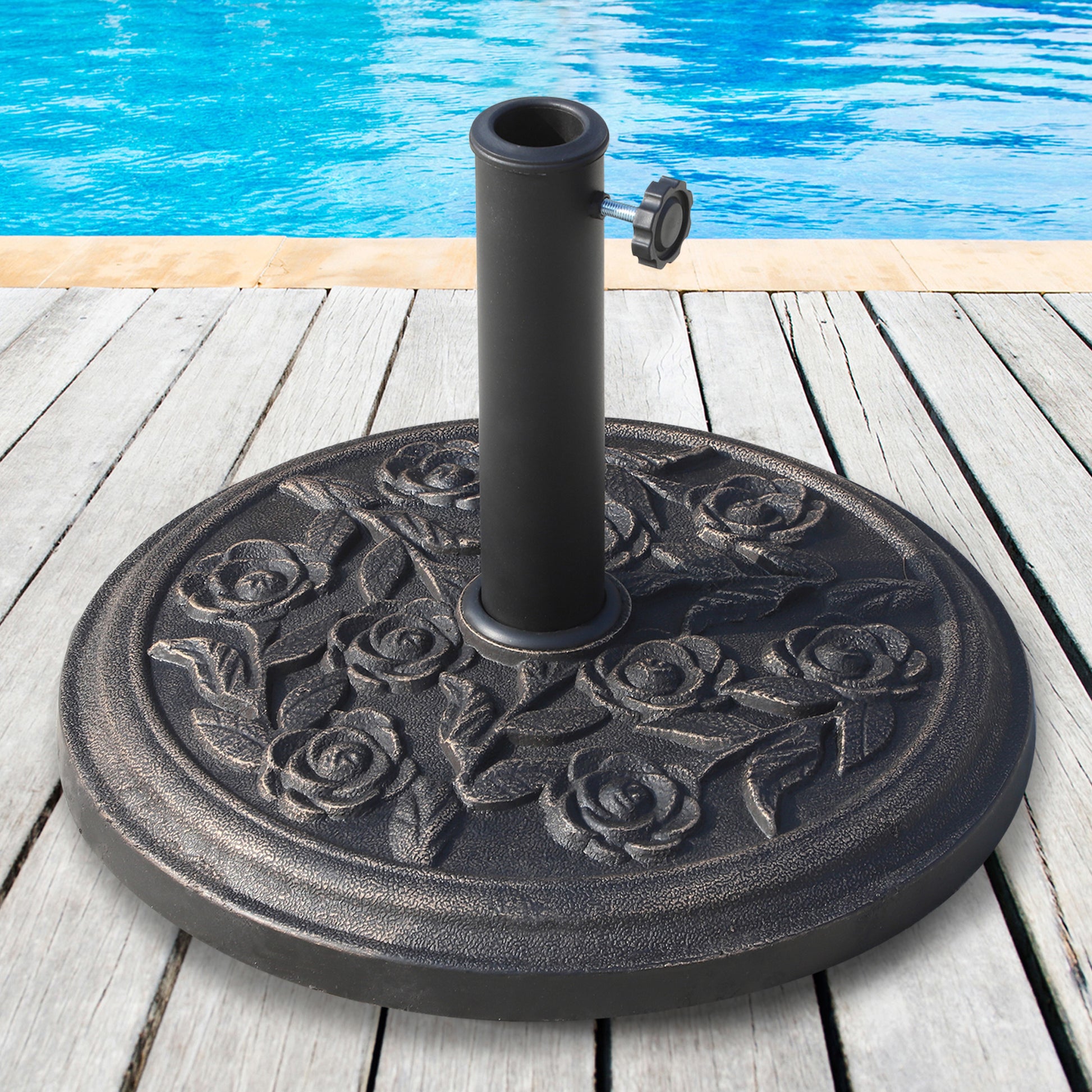 Outsunny 18" 20 Lbs Round Resin Umbrella Base Stand Market Parasol Holder With Decorative Rose Floral Pattern & Easy Setup, For 1.5", 1.89" Pole, For Lawn, Deck, Backyard, Garden, Bronze Antique