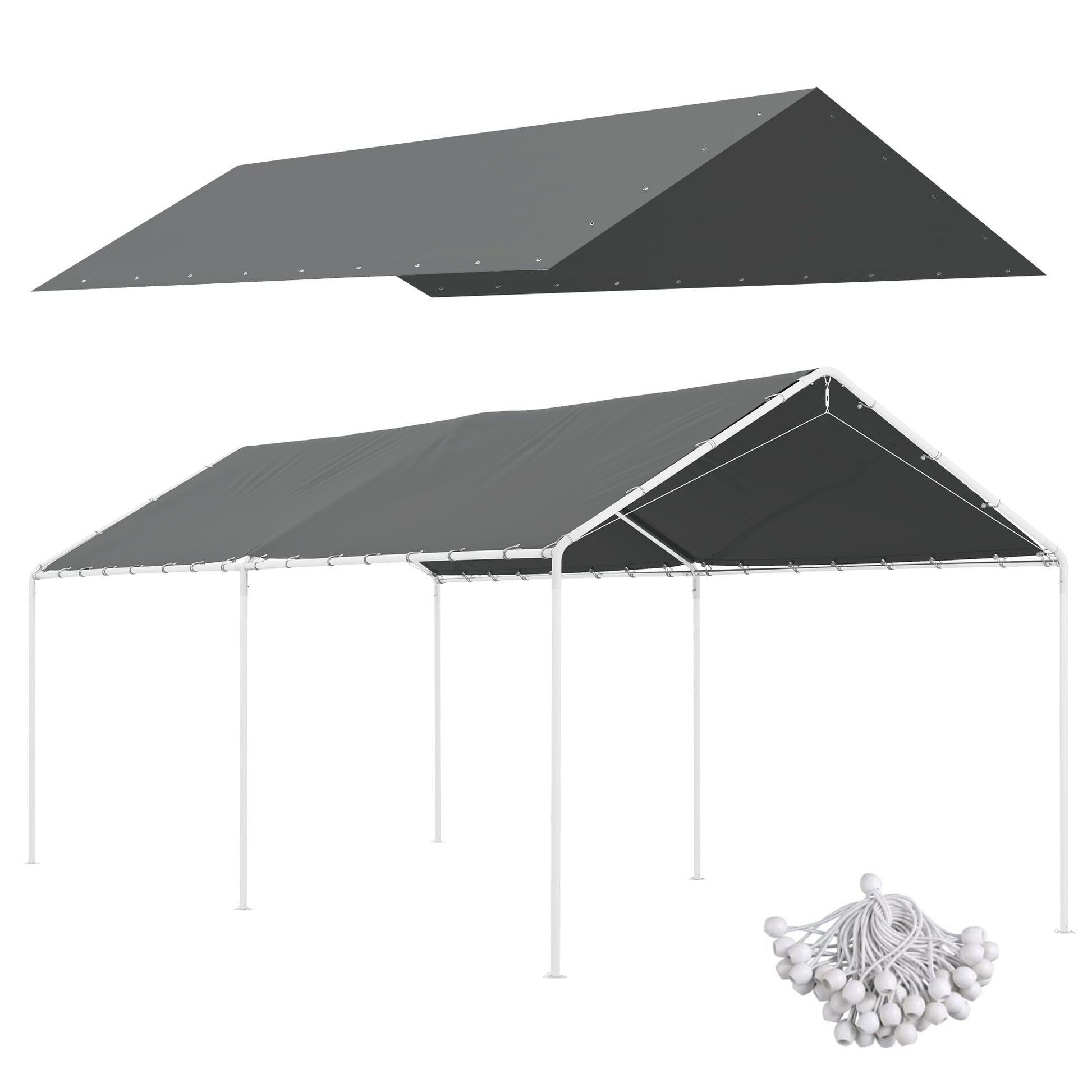 Outsunny 10' X 20' Carport Replacement Top Canopy Cover, Uv Resistant And Water Resistant Car Port Portable Garage Tent Cover With Ball Bungee Cords, Dark Gray, Only Cover Gray Polyethylene