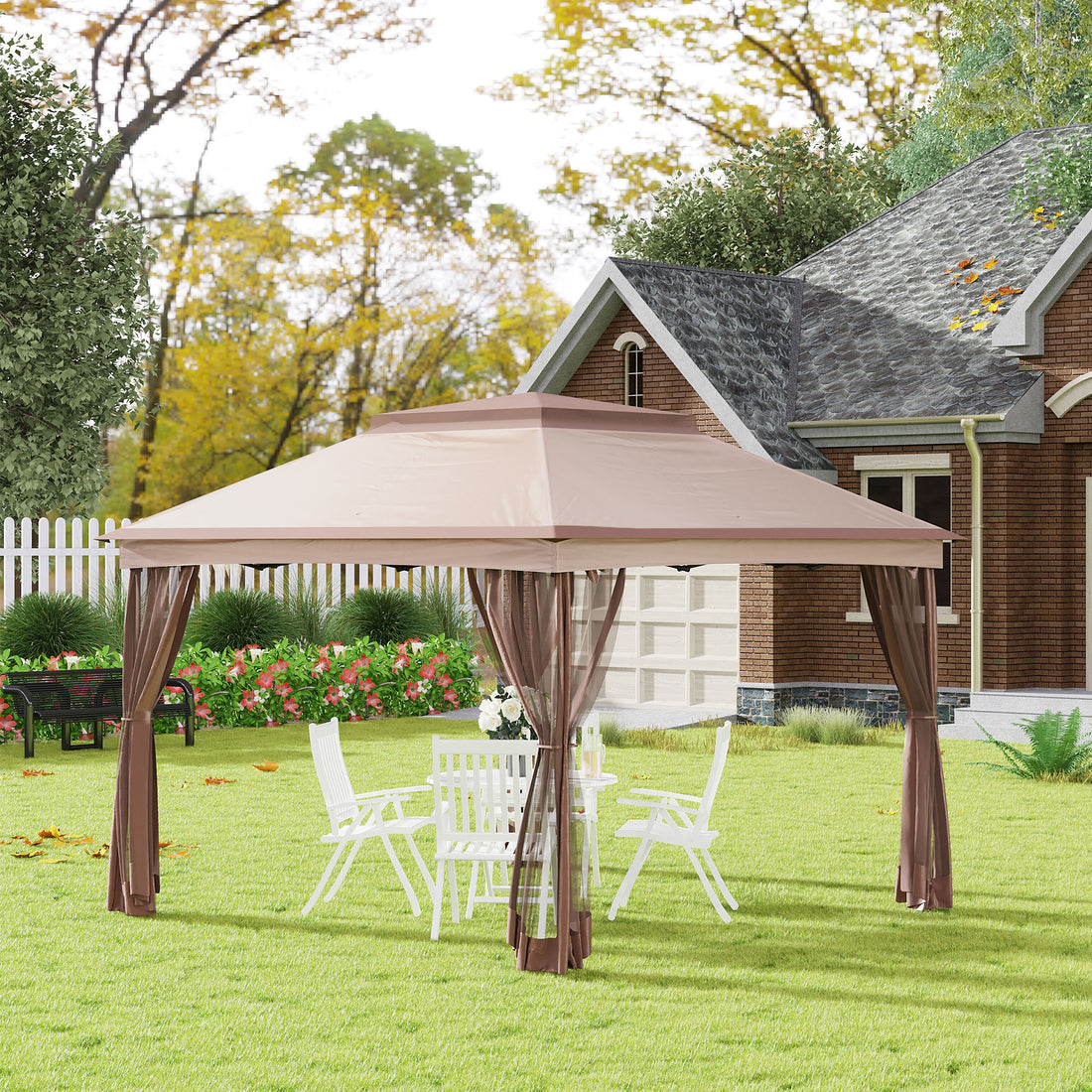 Outsunny 11' X 11' Pop Up Canopy, Outdoor Patio Gazebo Shelter With Removable Zipper Netting, Instant Event Tent W 114 Square Feet Of Shade And Carry Bag For Backyard, Garden, Khaki Brown Metal