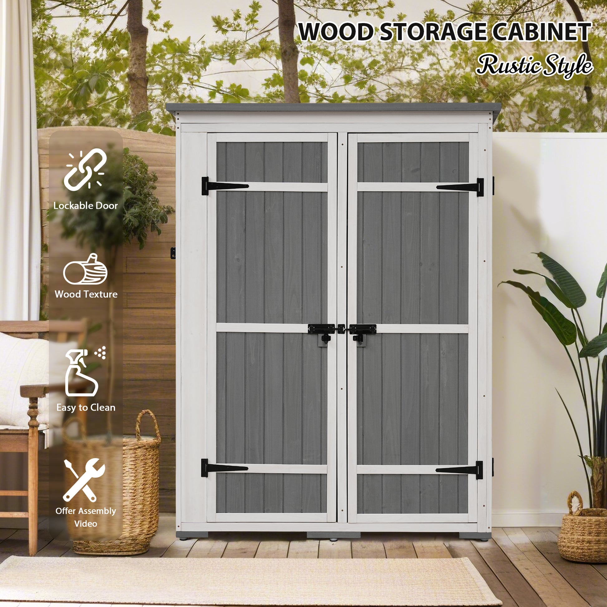 Outdoor 5.5Ft Hx4.1Ft L Wood Storage Shed, Garden Tool Cabinet With Waterproof Asphalt Roof, Four Lockable Doors, Multiple Tier Shelves, White And Gray White Gray Water Resistant Frame Garden &