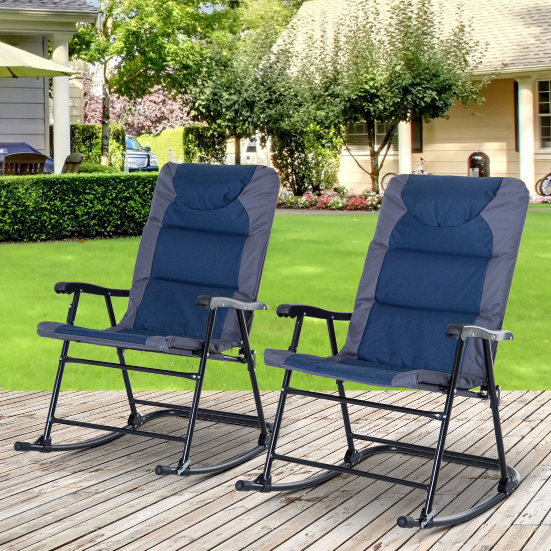 Outsunny 2 Piece Outdoor Rocking Chair Set, Patio Furniture Set With Folding Design, Armrests For Porch, Camping, Balcony, Navy Blue Blue Steel