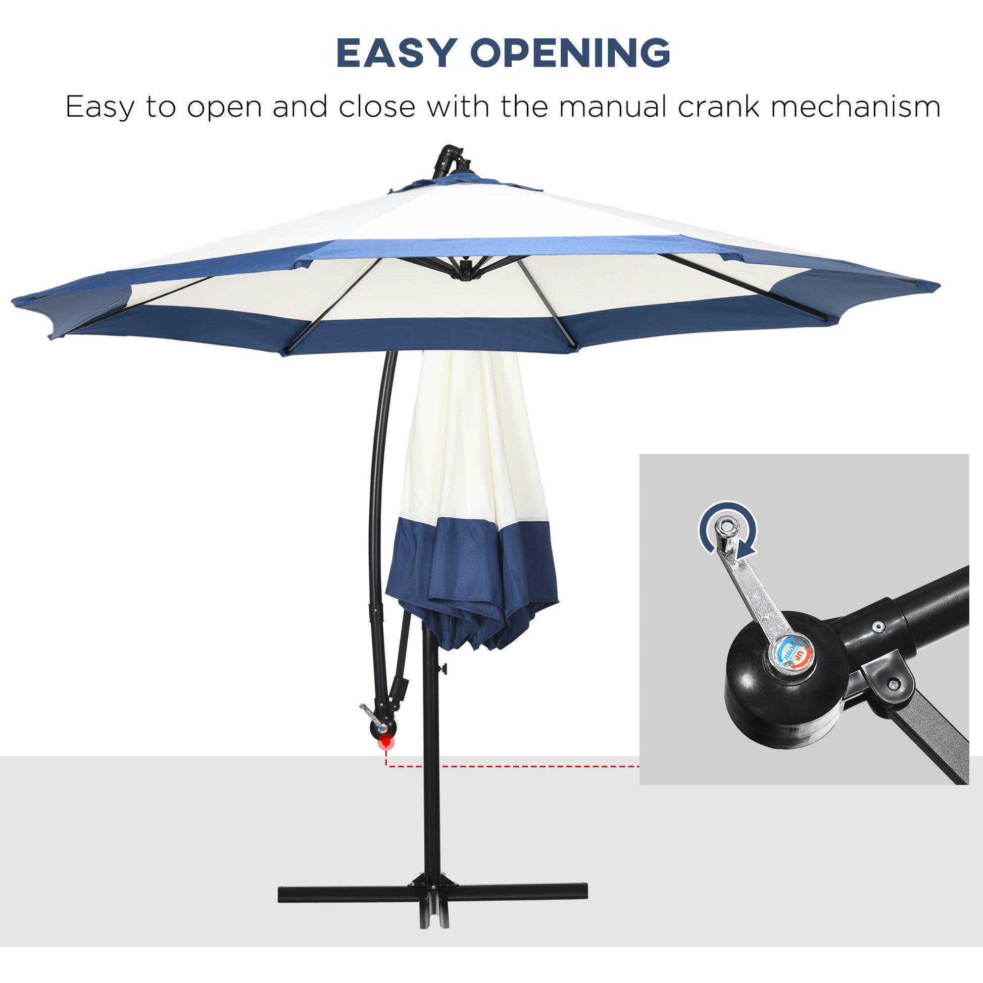 Outsunny 10Ft Cantilever Umbrella, Offset Patio Umbrella With Crank And Cross Base For Deck, Backyard, Pool And Garden, Hanging Umbrellas, Navy Blue Blue Steel