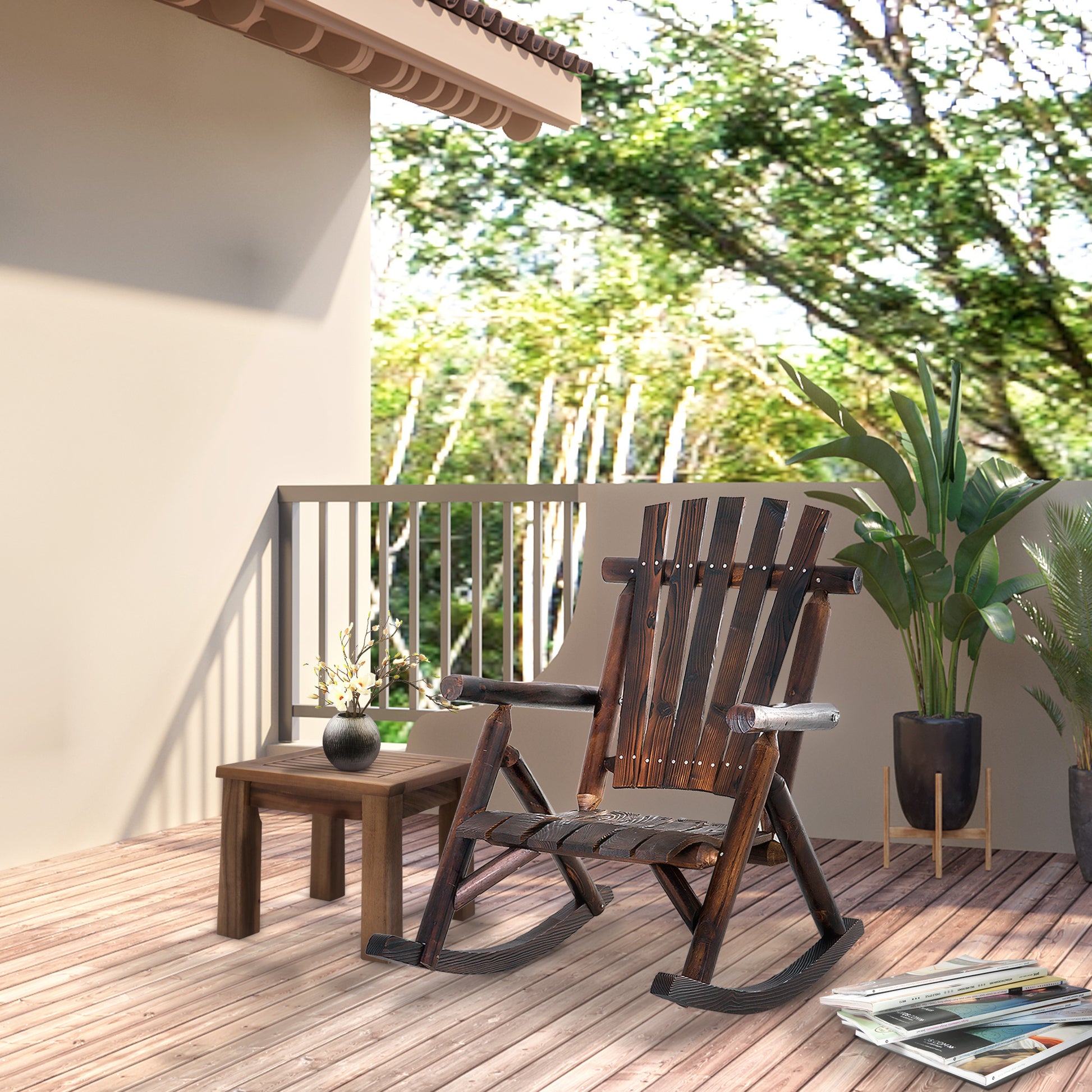 Outsunny Outdoor Wooden Rocking Chair, Rustic Adirondack Rocker With Slatted Seat, High Backrest, Armrests For Patio, Garden, And Porch, Large, Brown Brown Wood