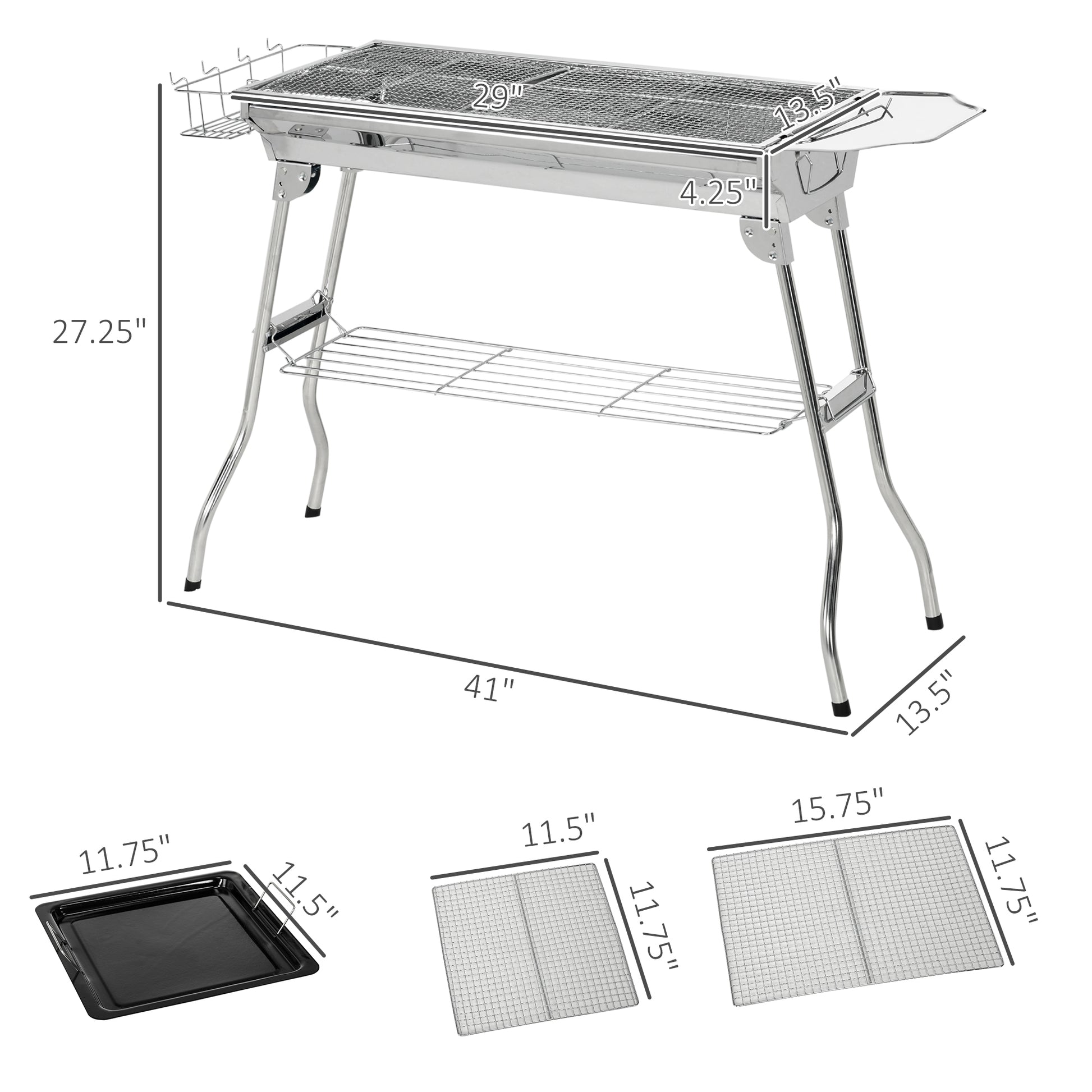 Outsunny Charcoal Grill, Stainless Steel Portable Folding Bbq, Outdoor Hibachi For Backyard Cooking, Camping, Picnic, Party, Tailgating And Travel With Pan, Grill Rack, Shelves, And Hooks Silver Stainless Steel