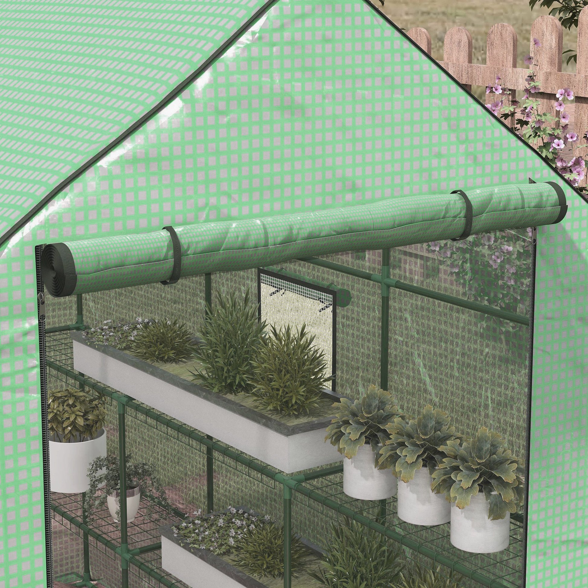 Outsunny 4.6' X 4.7' Portable Greenhouse, Water Uv Resistant Walk In Small Outdoor Greenhouse With 2 Tier U Shaped Flower Rack Shelves, Roll Up Door & Windows, Green Green Steel