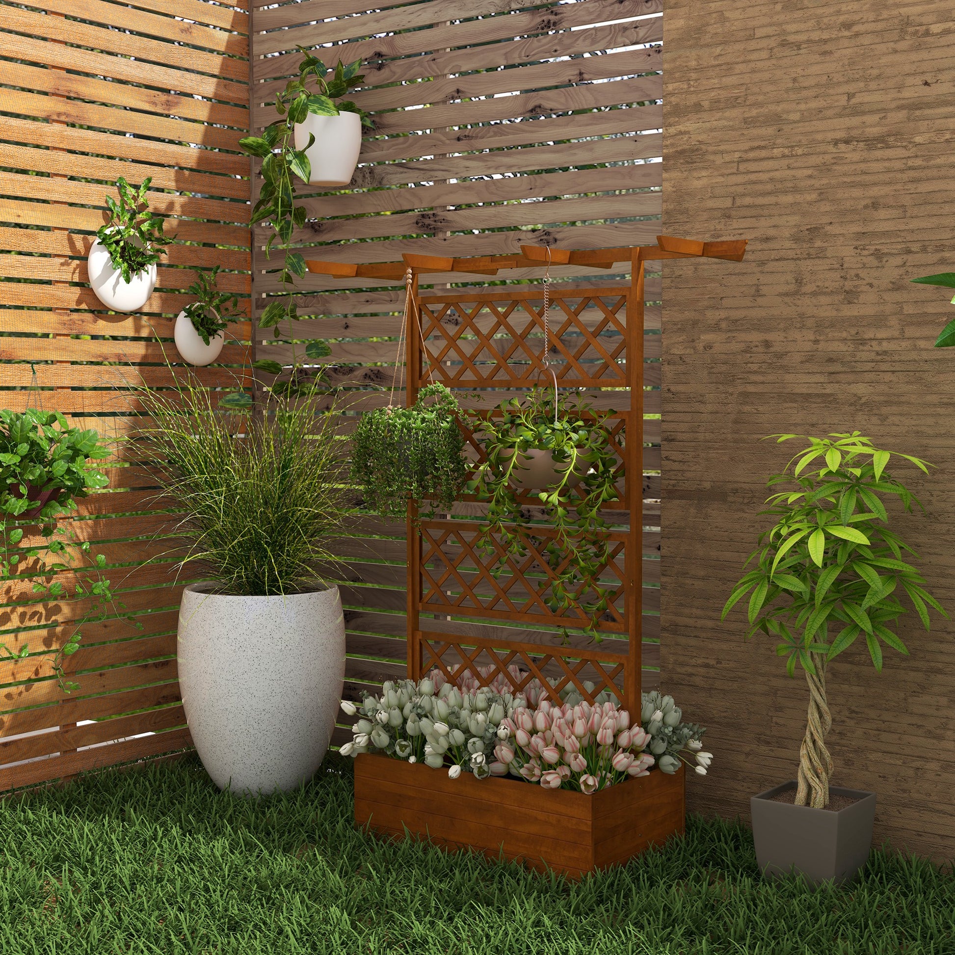wooden planter box with trellis Outsunny Wood Planter With Trellis, Raised Garden Bed Privacy Screen Planter Box For Climbing Plants, Vines, Vegetables, Flowers Orange Wood
