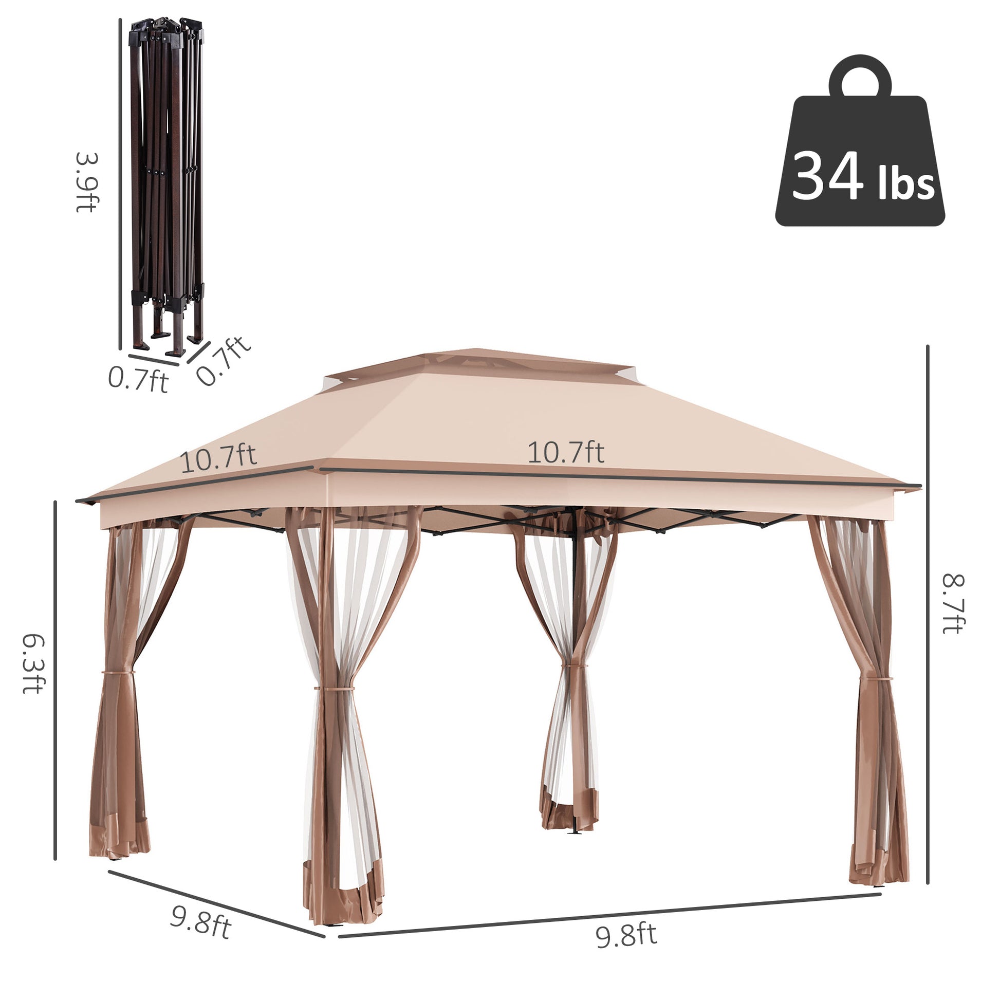 Outsunny 11' X 11' Pop Up Canopy, Outdoor Patio Gazebo Shelter With Removable Zipper Netting, Instant Event Tent W 114 Square Feet Of Shade And Carry Bag For Backyard, Garden, Khaki Brown Metal
