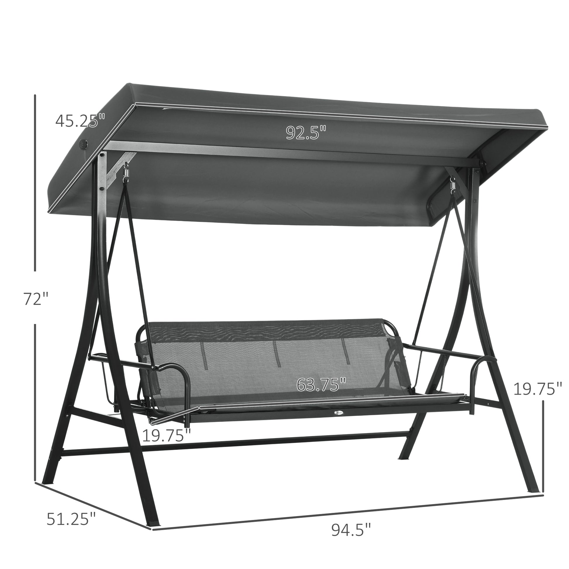 Outsunny 3 Person Patio Swing Chair Bed, Converting Flatbed, Outdoor Porch Swing Glider With Adjustable Canopy, Removable Cushions, Pillows, For Garden, Poolside, Backyard, Gray Gray Steel