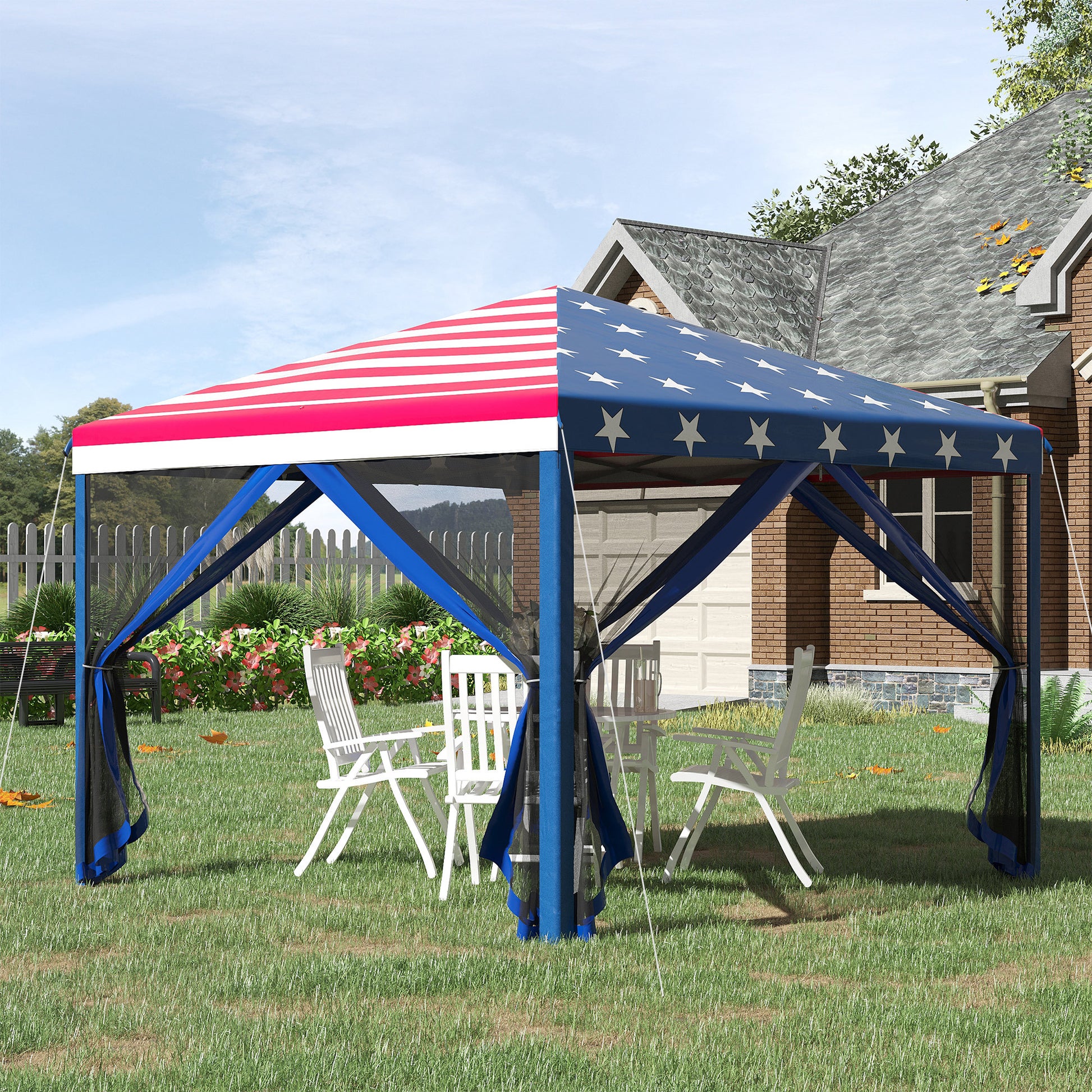 Outsunny 10' X 10' Pop Up Canopy Tent With Netting, Instant Gazebo, Ez Up Screen House Room With Carry Bag, Height Adjustable, For Outdoor, Garden, Patio, American Flag Blue Steel