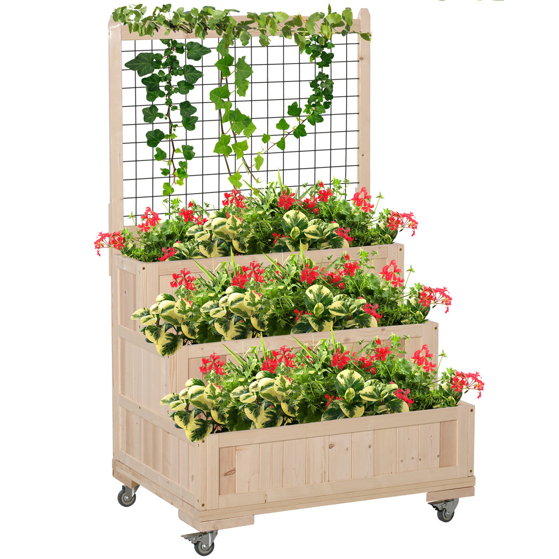 Outsunny 3 Tiers Raised Garden Bed With Trellis, 53" H Vertical Planter Box With Wheels & Back Storage Area, For Flowers, Vegetables, Herbs, Natural Natural Wood