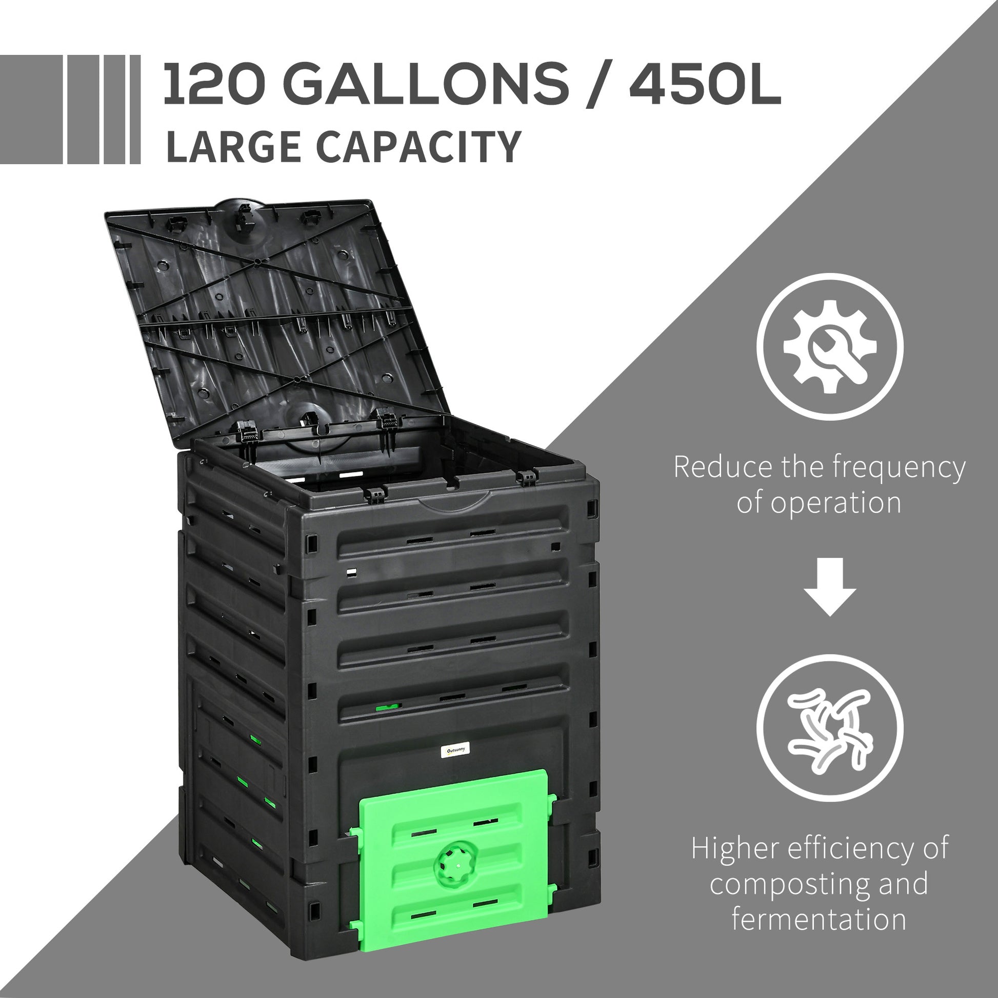 Outsunny Garden Compost Bin, 120 Gallon 450L Garden Composter, Bpa Free, With 80 Vents And 2 Sliding Doors, Lightweight & Sturdy, Fast Creation Of Fertile Soil, Black Black Polypropylene