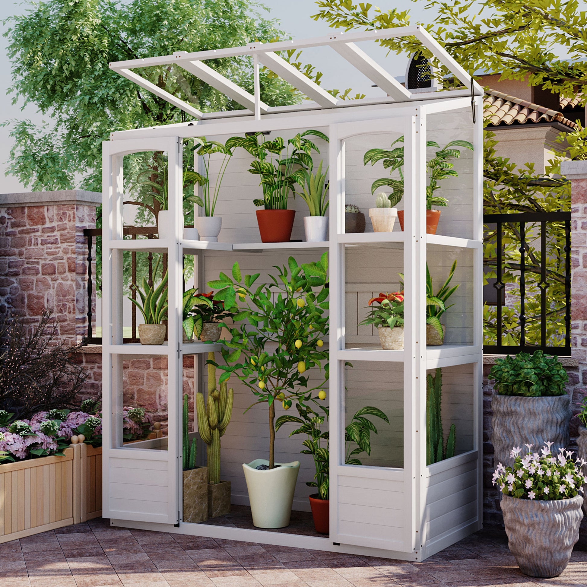 78 Inch Wooden Greenhouse Cold Frame With 4 Independent Skylights And 2 Folding Middle Shelves, Walk In Outdoor Greenhouse, White White Seats 2 Garden & Outdoor Casual Wood