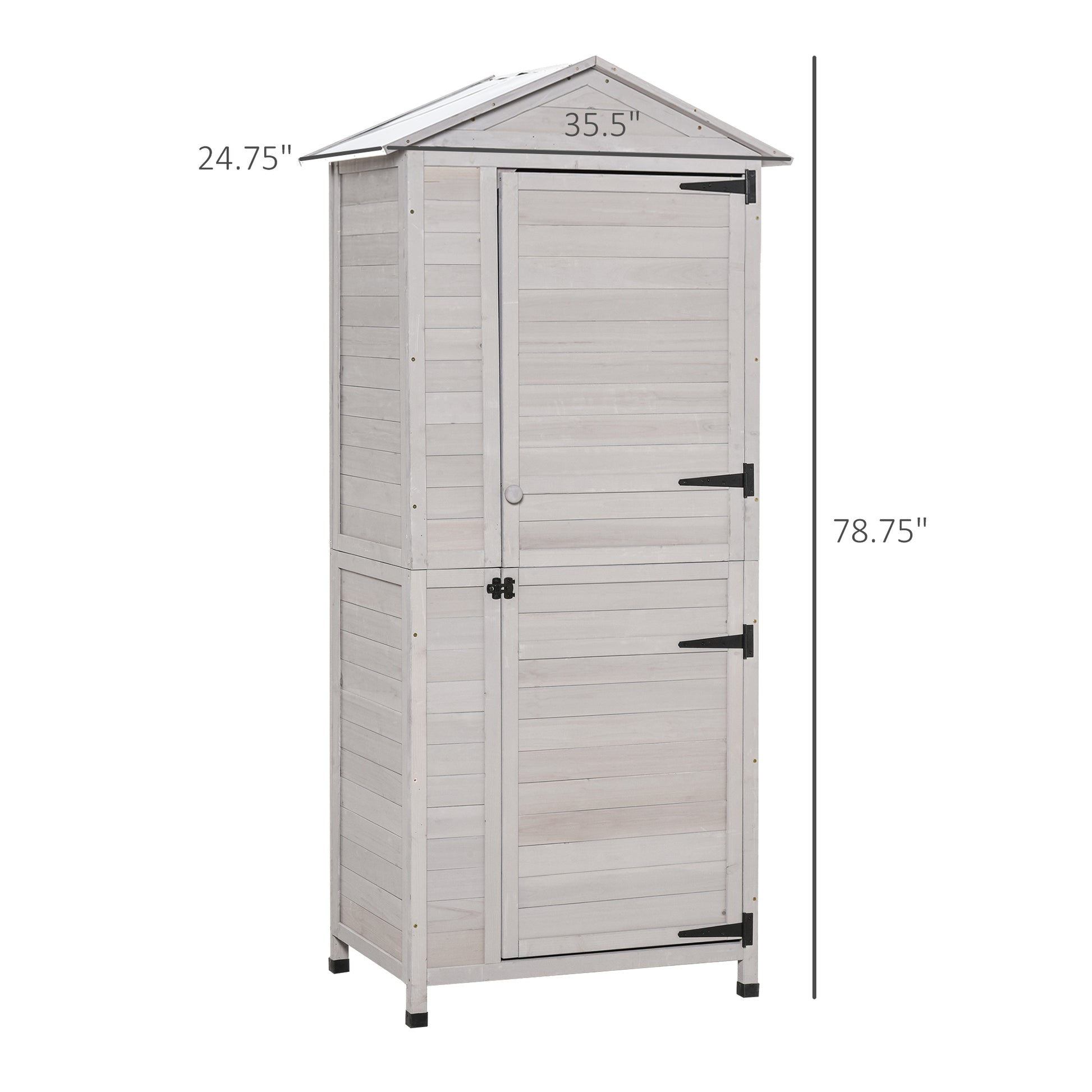 Outsunny 36" X 25" X 79" Wooden Storage Shed Cabinet, Outdoor Tool Shed Organizer With 4 Tier, 3 Shelves With Handle Tin Roof Magnetic Latch Foot Pad, Light Grey Gray Wood