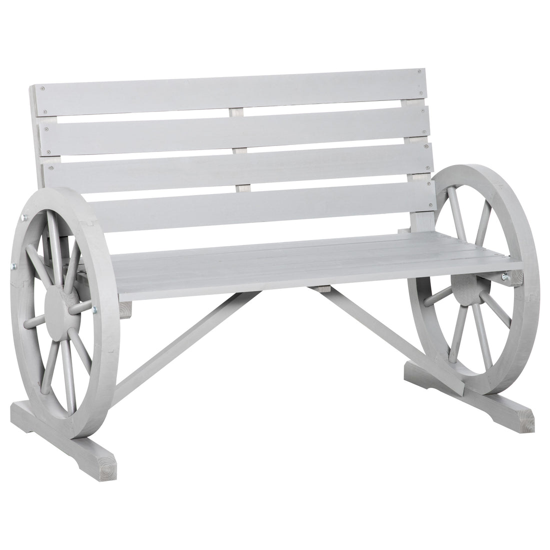 Outsunny 41" Wooden Wagon Wheel Bench, Rustic Outdoor Patio Weather Resistance Furniture, 2 Person Slatted Seat Bench With Backrest, Light Gray Gray Wood