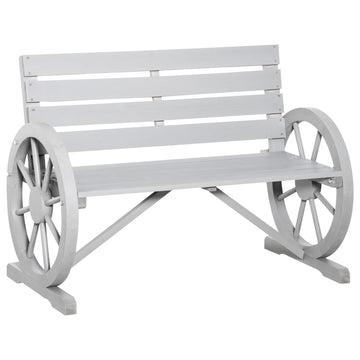 Outsunny 41" Wooden Wagon Wheel Bench, Rustic Outdoor Patio Weather Resistance Furniture, 2 Person Slatted Seat Bench With Backrest, Light Gray Gray Wood