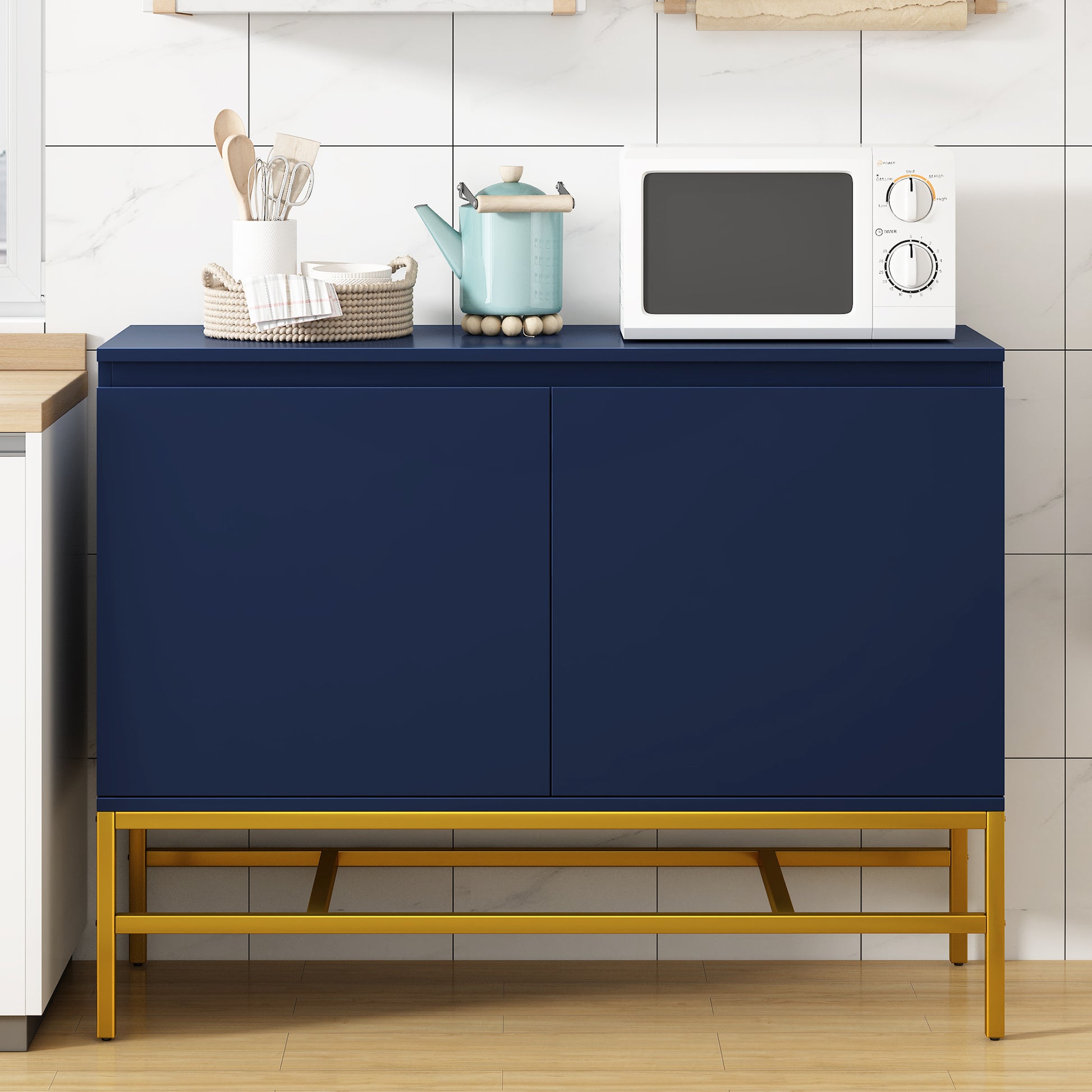 Minimalist & Luxury Cabinet Two Door Sideboard With Gold Metal Legs For Living Room, Dining Room Navy Navy Particle Board