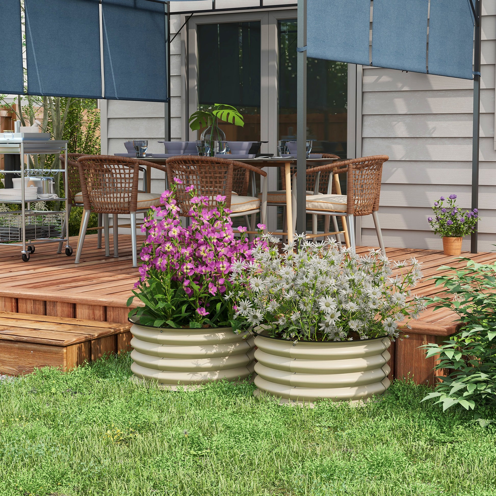 Outsunny Galvanized Raised Garden Bed Set Of 2, Planters For Outdoor Plants With Safety Edging, Easy To Assemble Stock Tanks For Growing Flowers, Herbs And Vegetables, Cream White White Steel