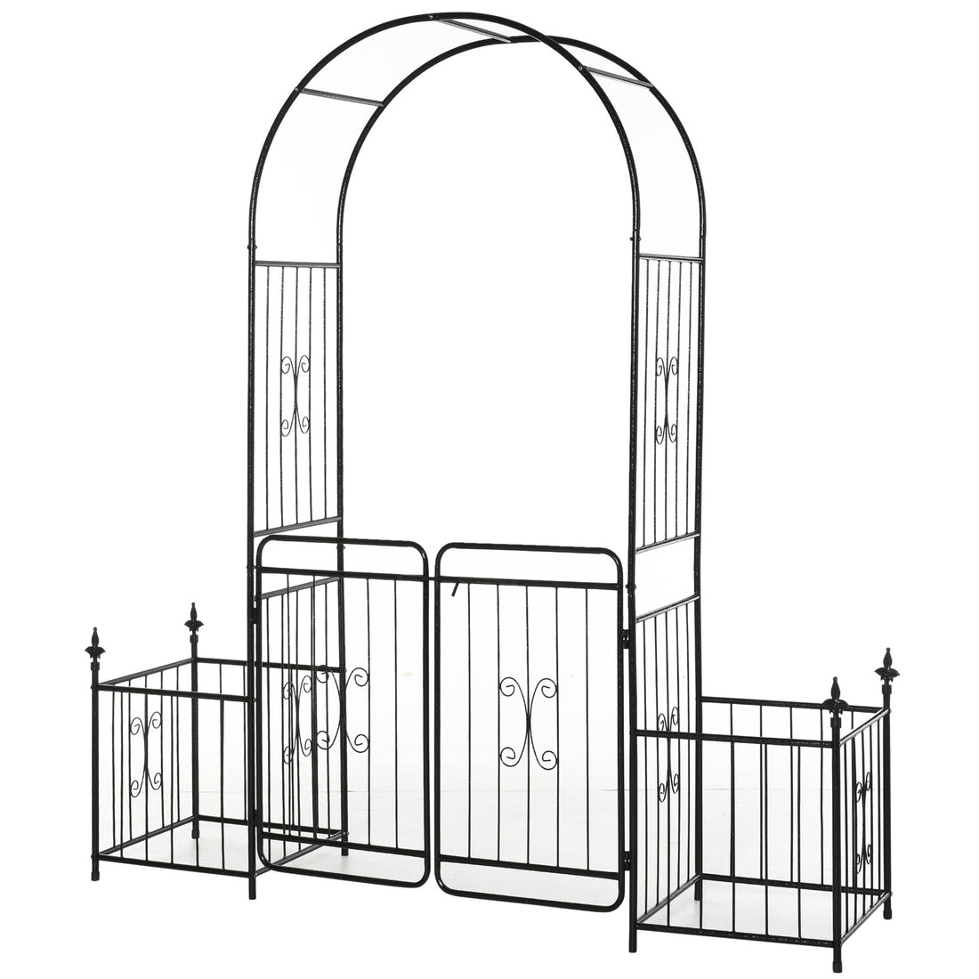 Outsunny 86" Garden Arbor Arch Gate With Trellis Sides For Climbing Plants, Wedding Ceremony Decorations, Grape Vines With Locking Doors, Planter Baskets, Flourishes & Arrow Tips, Black Black Metal