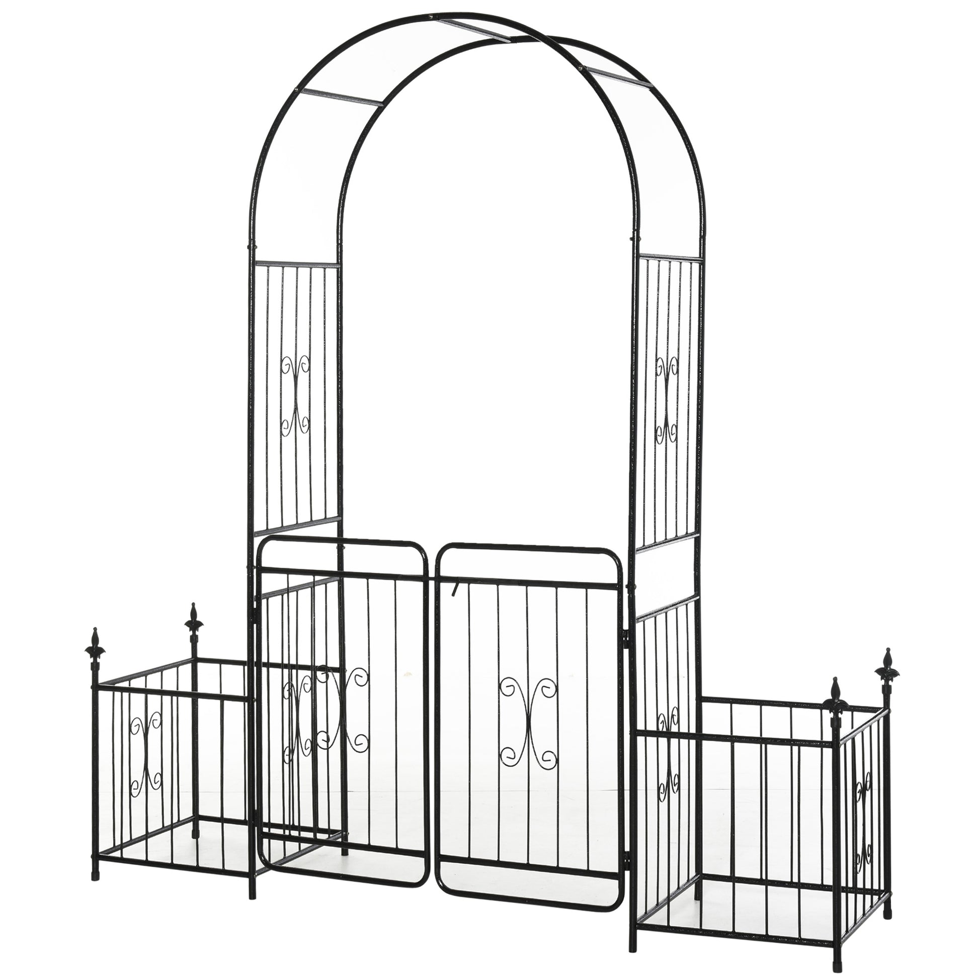 Outsunny 86" Garden Arbor Arch Gate With Trellis Sides For Climbing Plants, Wedding Ceremony Decorations, Grape Vines With Locking Doors, Planter Baskets, Flourishes & Arrow Tips, Black Black Metal