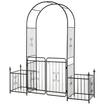 Outsunny 86" Garden Arbor Arch Gate With Trellis Sides For Climbing Plants, Wedding Ceremony Decorations, Grape Vines With Locking Doors, Planter Baskets, Flourishes & Arrow Tips, Black Black Metal