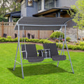 Outsunny 2 Person Porch Swing With Stand, Outdoor Swing With Canopy, Pivot Storage Table, 2 Cup Holders, Cushions For Patio, Backyard, Gray Beige Steel