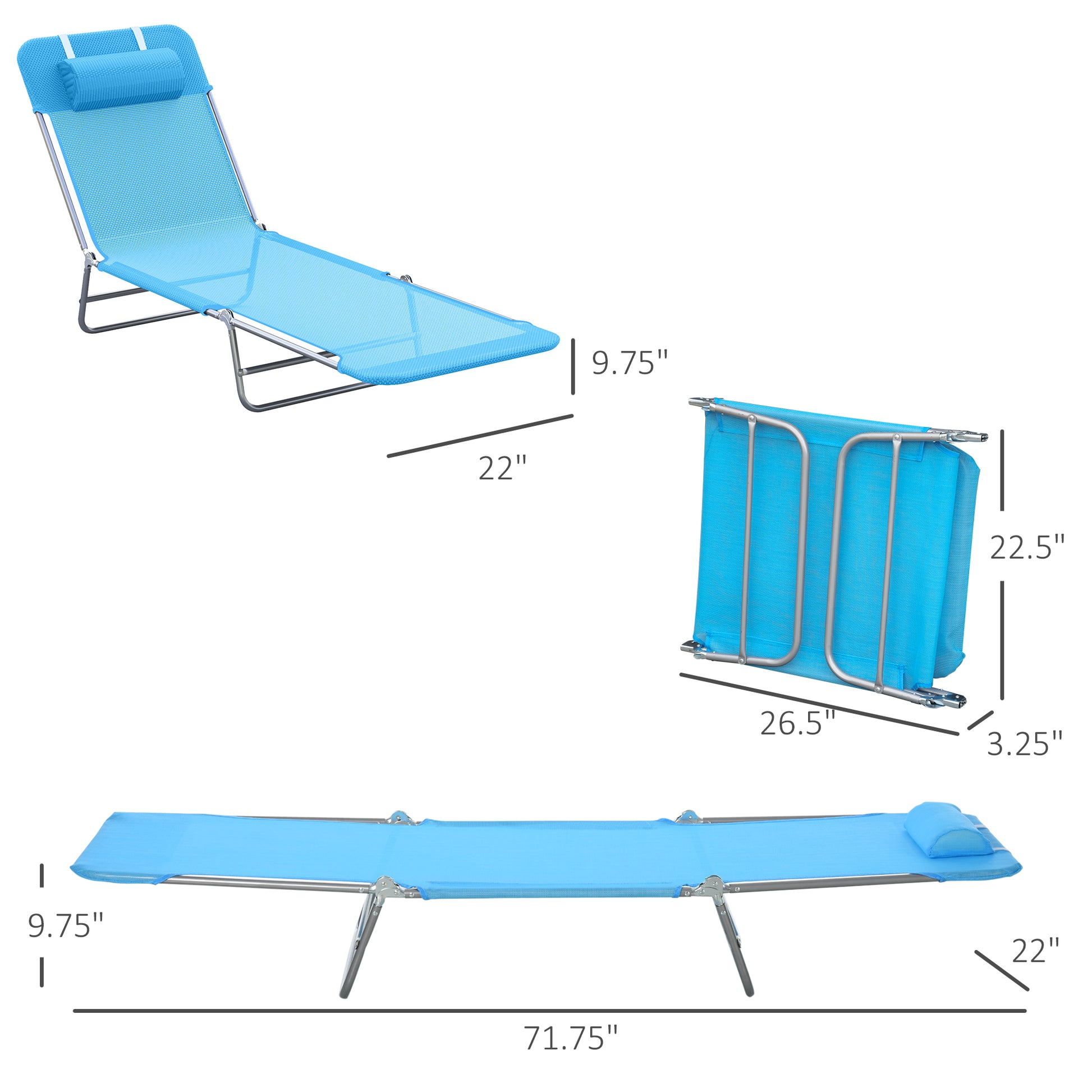 Outsunny Folding Chaise Lounge Pool Chairs, Outdoor Sun Tanning Chairs With Pillow, Reclining Back, Steel Frame &Mesh For Beach, Yard, Patio, Blue Blue Steel