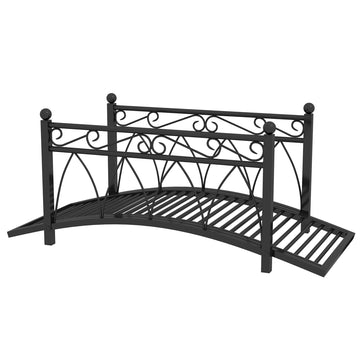 Outsunny 3.3' Metal Arch Zen Garden Bridge With Safety Siderails, Decorative Footbridge, Delicate Scrollwork & Corner Spheres For Stream, Fish Pond, Black Black Steel