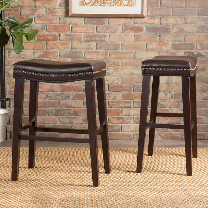 26" Contemporary Upholstered Saddle Counter Stool With Trim Set Of 2 , Dark Brown Dark Brown Pu