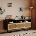 Retro Rattan Console Table 3 Door Tv Stand Media Console With Open Shelves For Tv Stand Under 75'' Espresso Espresso Mdf