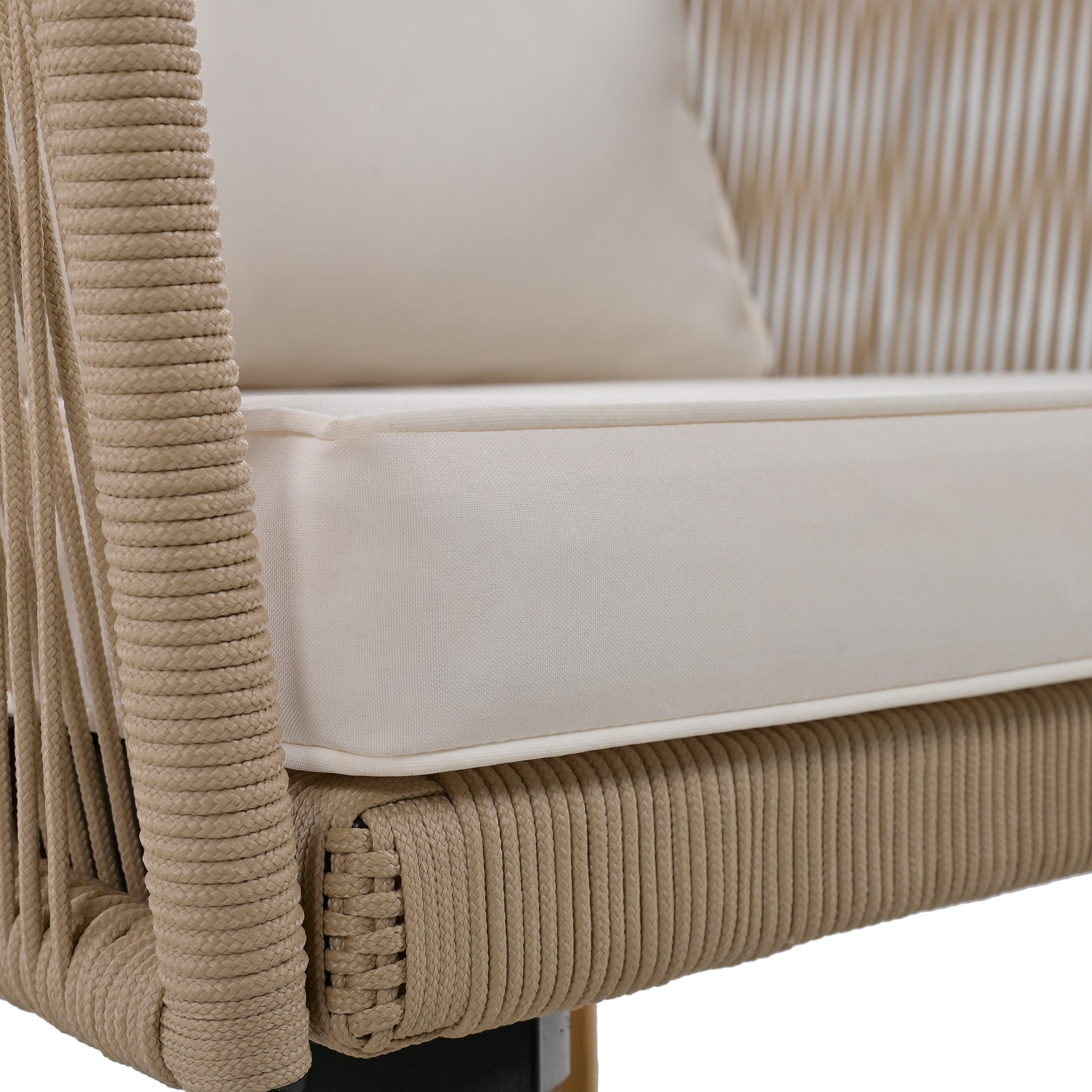 4 Piece Patio Conversation Set, Solid Wood Loveseat, 2 Chairs And Table, Outdoor Conversation Group With Cushions For Backyard, Poolside, Garden Beige Cushion Natural Rope Beige Natural Woven Rope