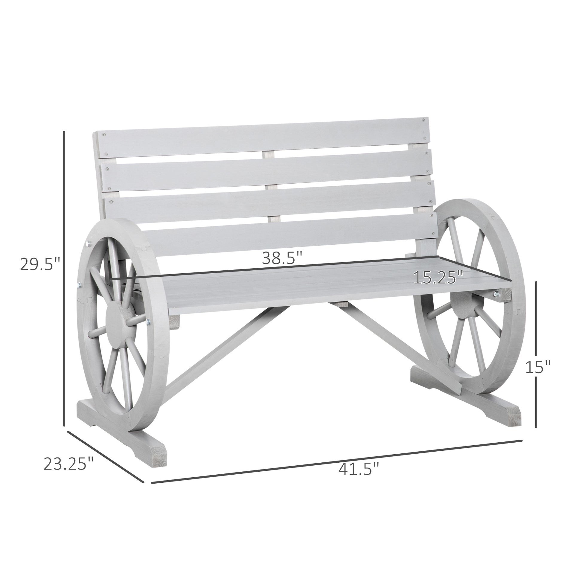 Outsunny 41" Wooden Wagon Wheel Bench, Rustic Outdoor Patio Weather Resistance Furniture, 2 Person Slatted Seat Bench With Backrest, Light Gray Gray Wood