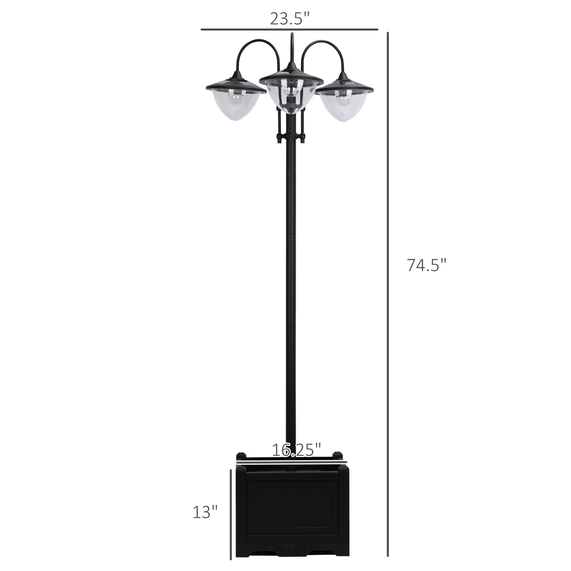 Outsunny 74.5" 3 Head Solar Lamp Post Street Light With Planter, Automatic On, 6 Hour Max Outdoor Ready Led Lighting, Black Black Steel