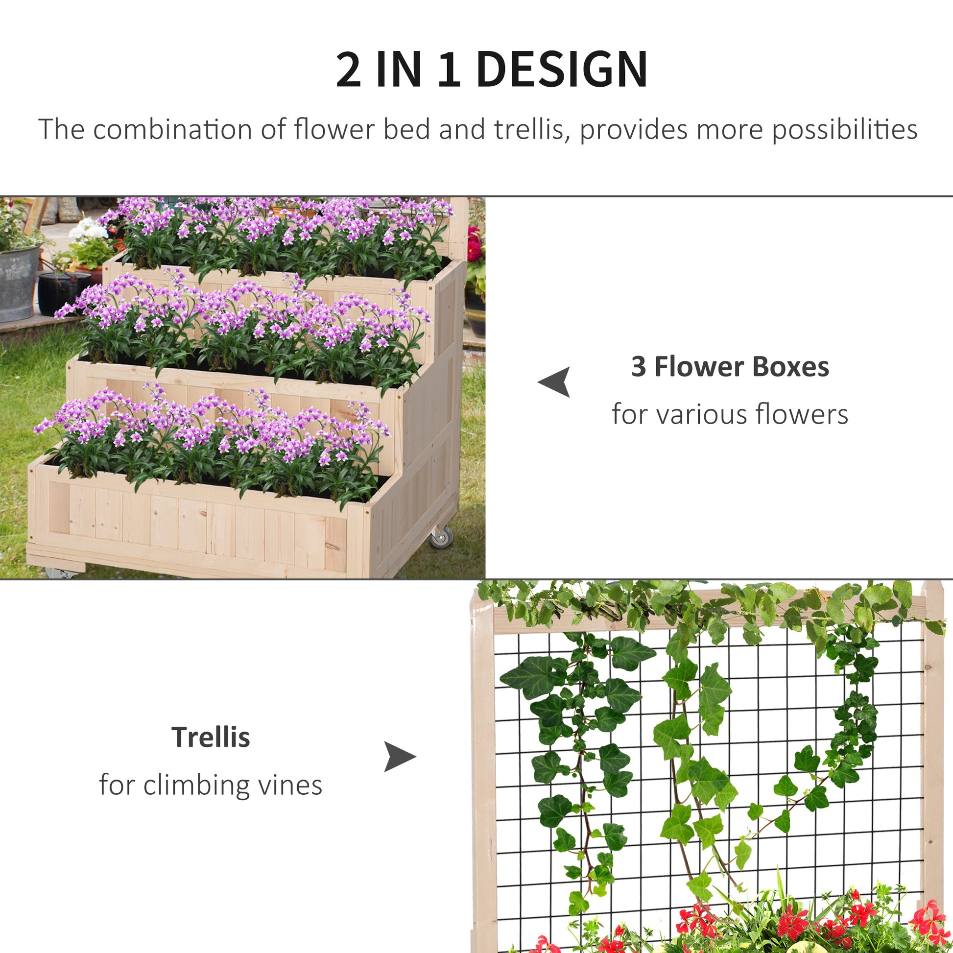 Outsunny 3 Tiers Raised Garden Bed With Trellis, 53" H Vertical Planter Box With Wheels & Back Storage Area, For Flowers, Vegetables, Herbs, Natural Natural Wood