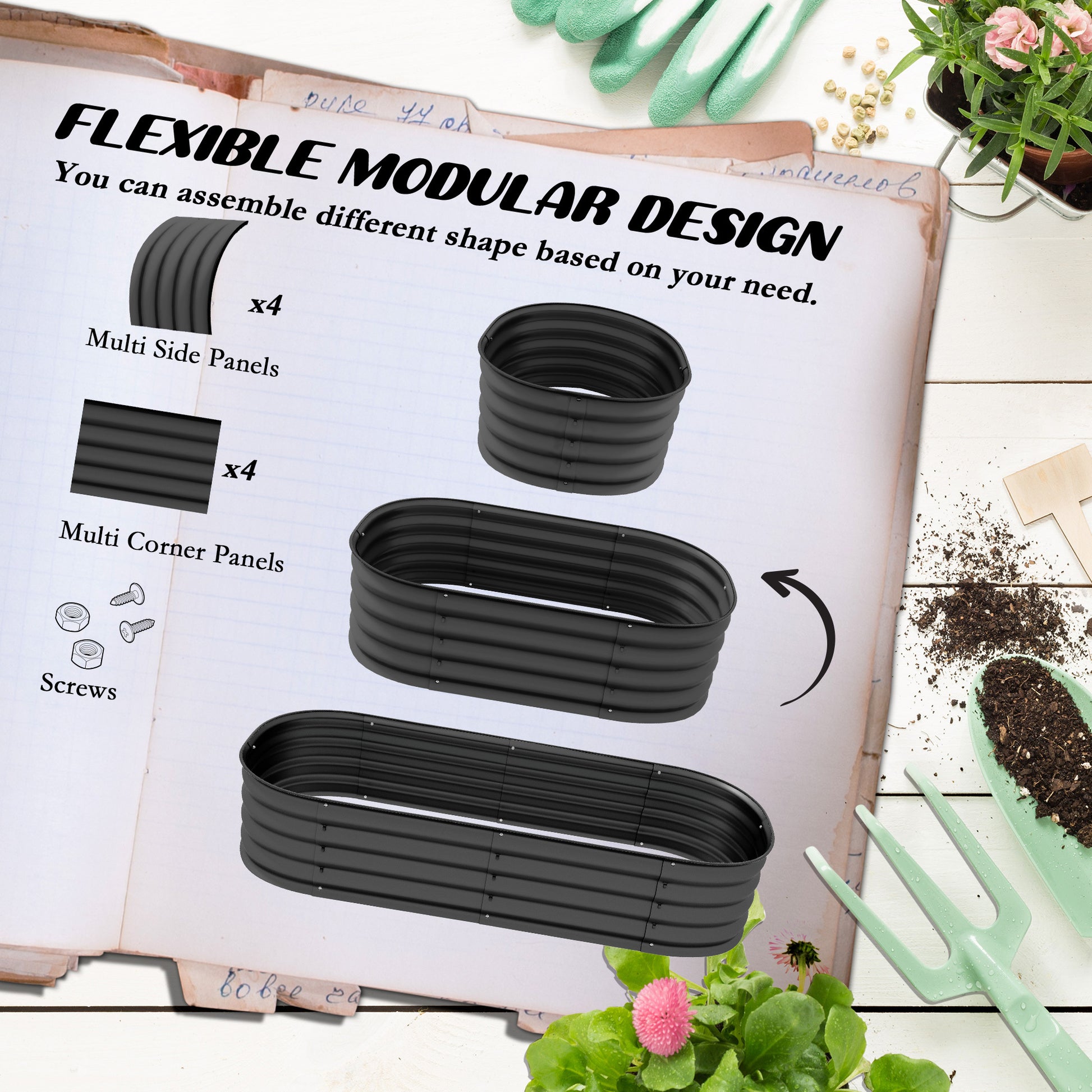 Outsunny 4.9' X 2' X 1' Galvanized Raised Garden Bed Kit, Outdoor Metal Elevated Planter Box With Safety Edging, Easy Diy Stock Tank For Growing Flowers, Herbs & Vegetables, Dark Gray Gray Steel