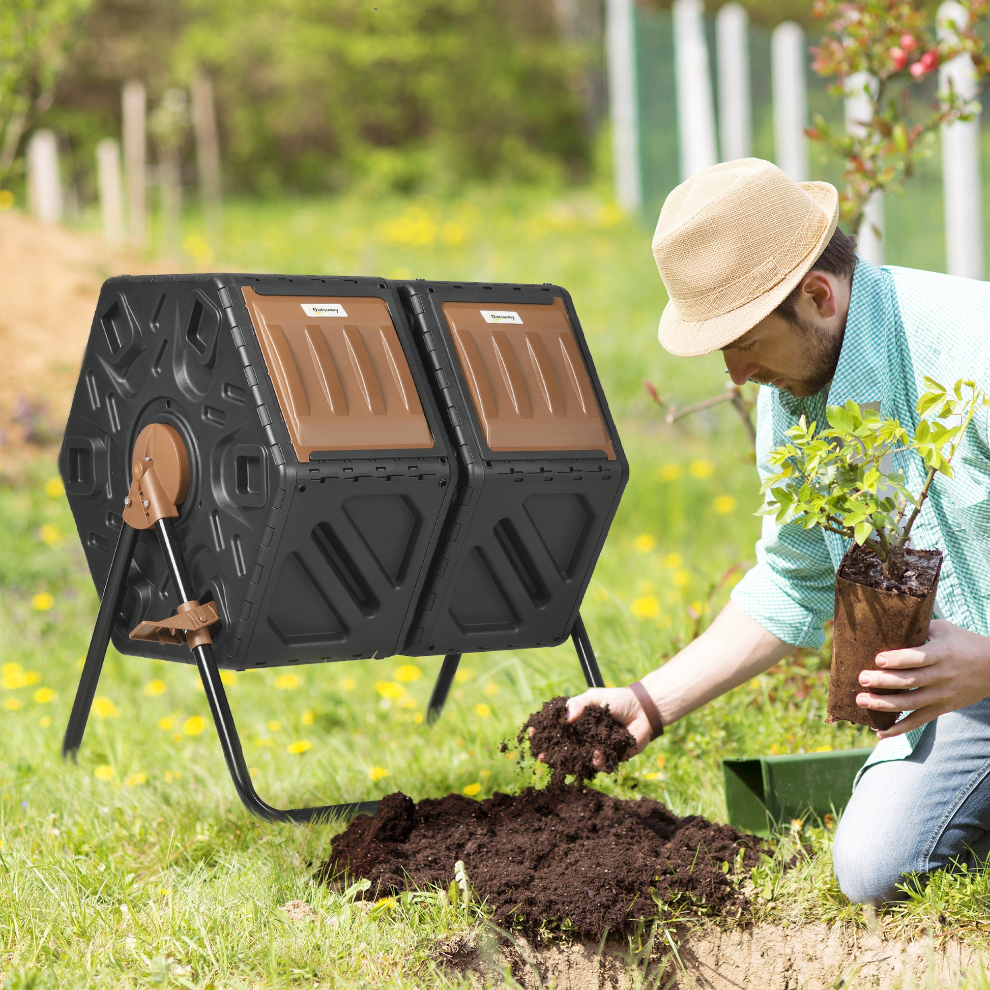 Outsunny Dual Compost Tumbler Bin, Outdoor Tumbling Composter With 24