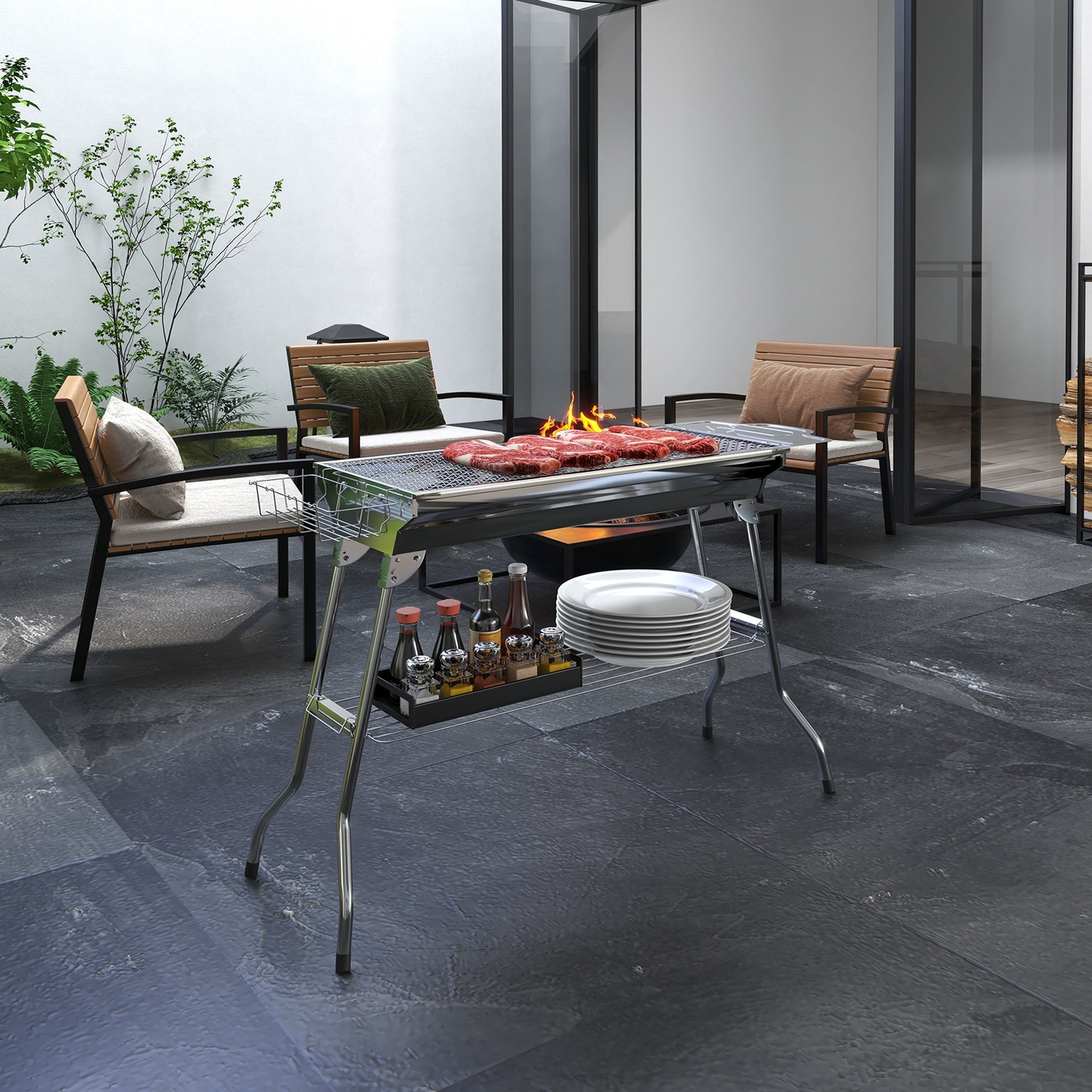 Outsunny Charcoal Grill, Stainless Steel Portable Folding Bbq, Outdoor Hibachi For Backyard Cooking, Camping, Picnic, Party, Tailgating And Travel With Pan, Grill Rack, Shelves, And Hooks Silver Stainless Steel