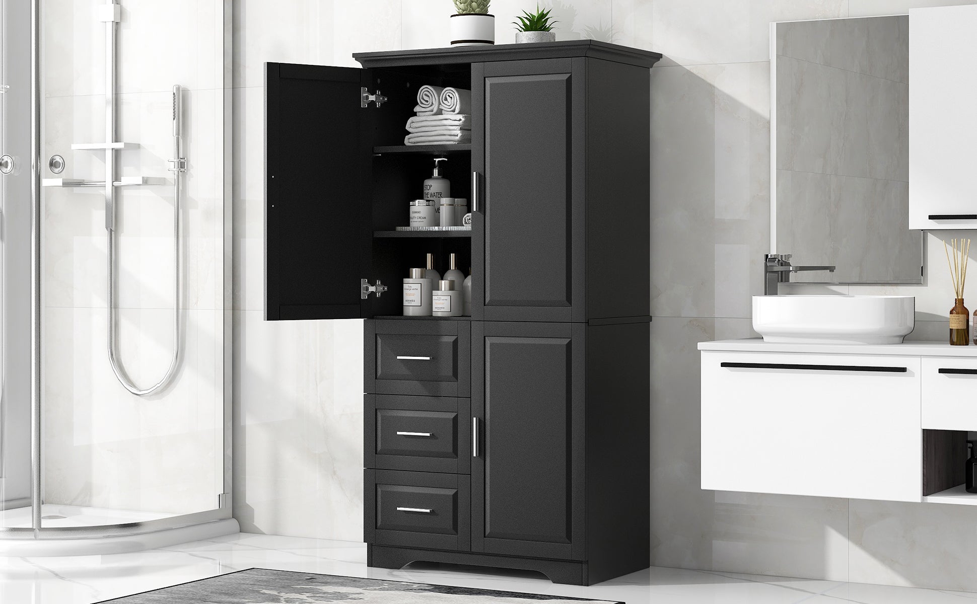 Tall and Wide Storage Cabinet with Doors for Bathroom black-mdf