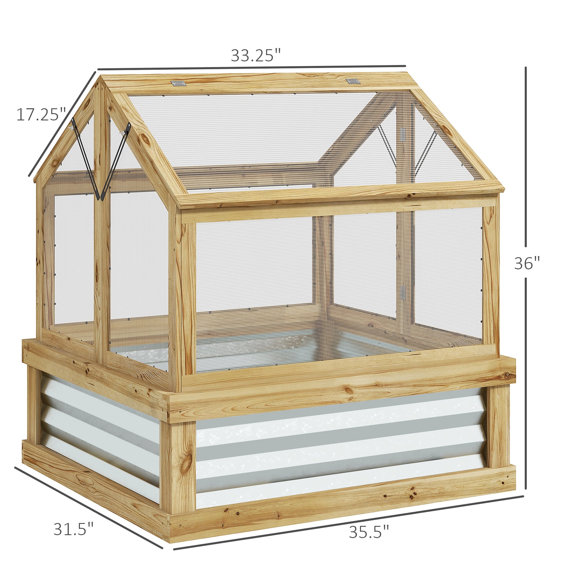 Outsunny Raised Garden Bed With Polycarbonate Greenhouse, Garden Wooden Cold Frame Greenhouse Flower Planter Protection, Peak Roof, 35.5" X 31.5" X 36", Natural Natural Wood