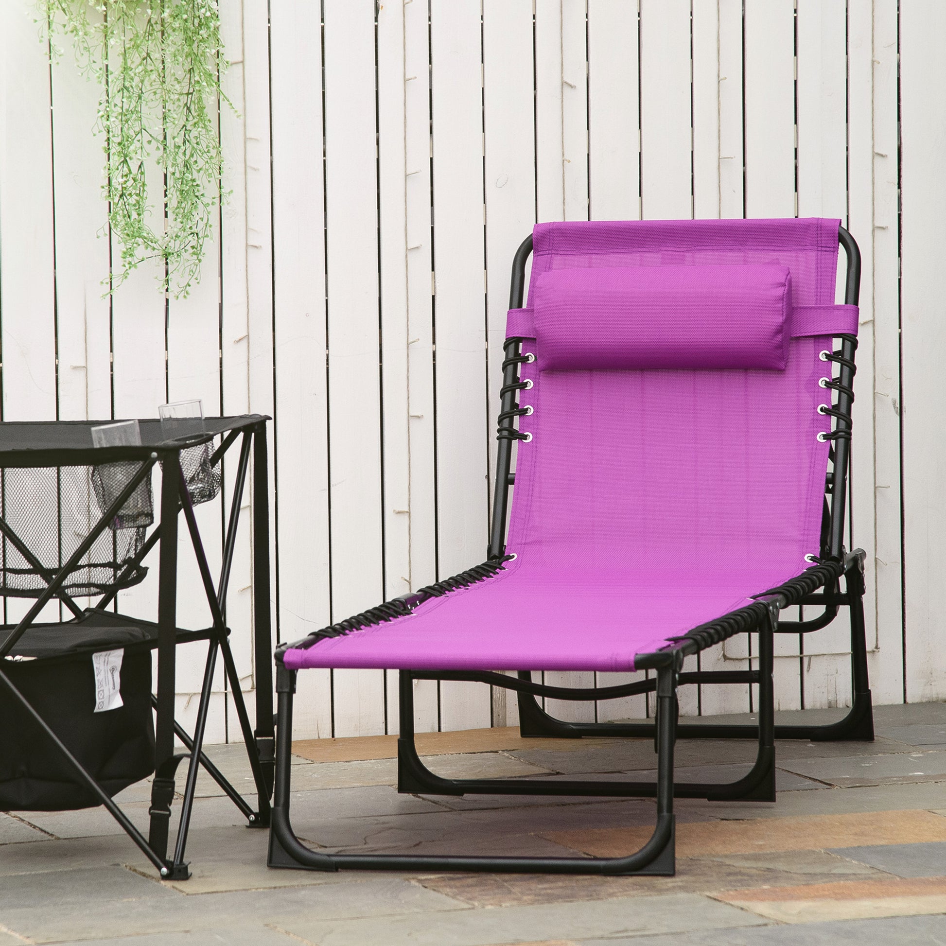 Outsunny Folding Chaise Lounge Pool Chair, Patio Sun Tanning Chair, Outdoor Lounge Chair W 4 Position Reclining Back, Pillow,Mesh & Bungee Seat For Beach, Yard, Patio, Purple Purple Steel