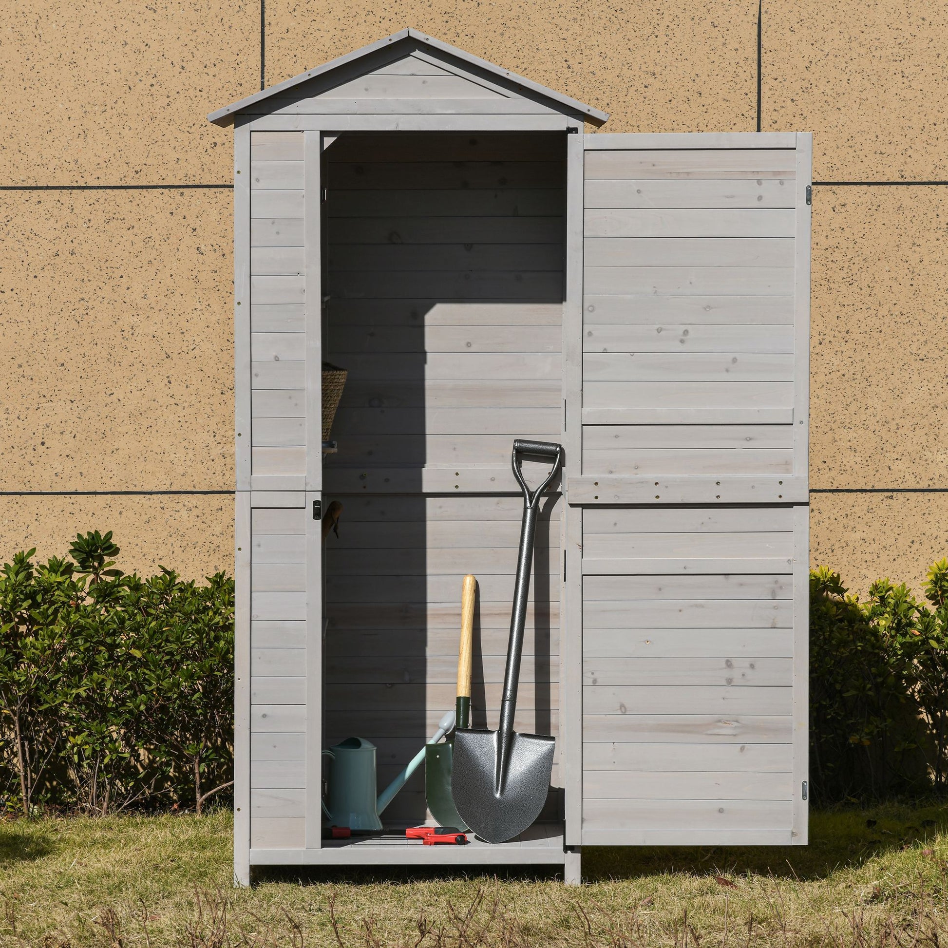 Outsunny 36" X 25" X 79" Wooden Storage Shed Cabinet, Outdoor Tool Shed Organizer With 4 Tier, 3 Shelves With Handle Tin Roof Magnetic Latch Foot Pad, Light Grey Gray Wood