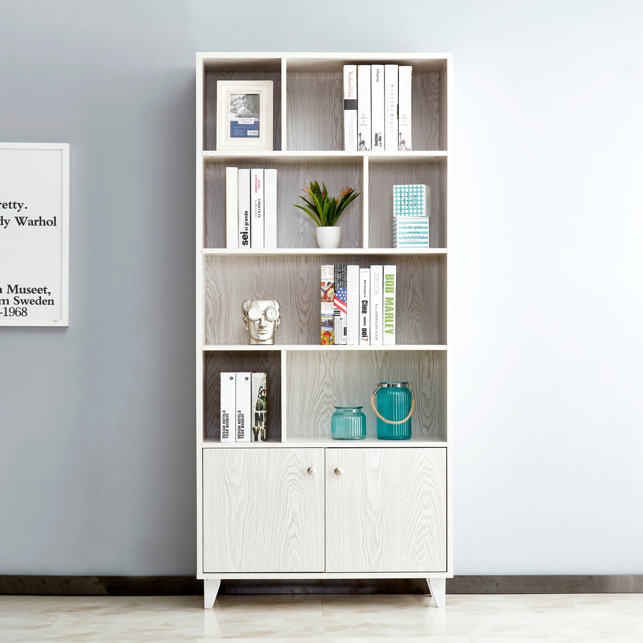 Bookcase, Bookshelf With Doors, White White Closed Back Wood With Doors Mdf