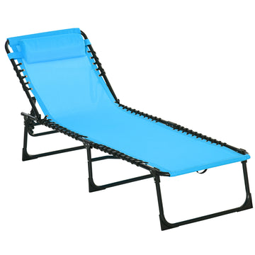 Outsunny Folding Chaise Lounge Pool Chair, Patio Sun Tanning Chair, Outdoor Lounge Chair W 4 Position Reclining Back, Pillow,Mesh & Bungee Seat For Beach, Yard, Patio, Blue Blue Steel