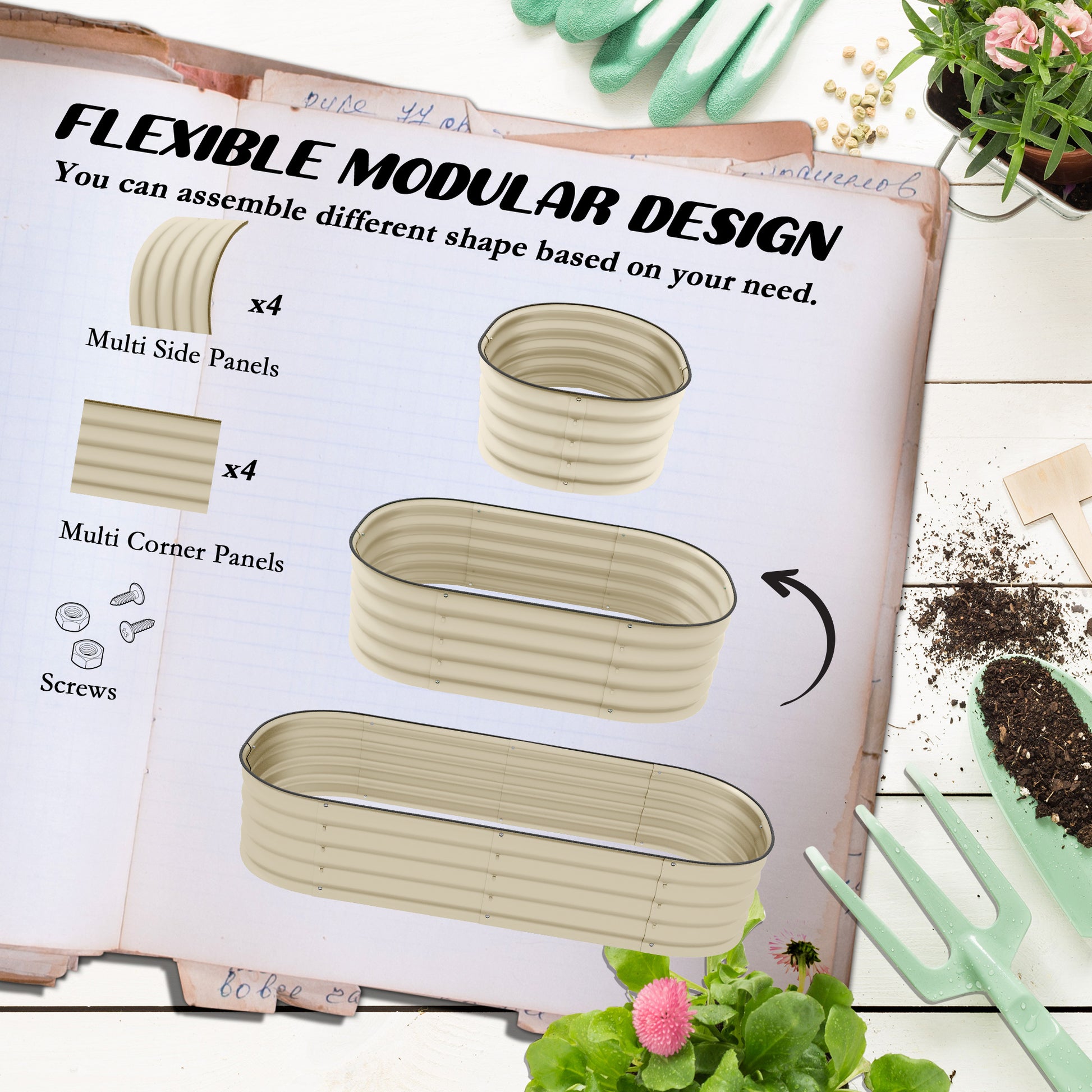 Outsunny 4.9' X 2' X 1' Galvanized Raised Garden Bed Kit, Outdoor Metal Elevated Planter Box With Safety Edging, Easy Diy Stock Tank For Growing Flowers, Herbs & Vegetables, Cream White Steel