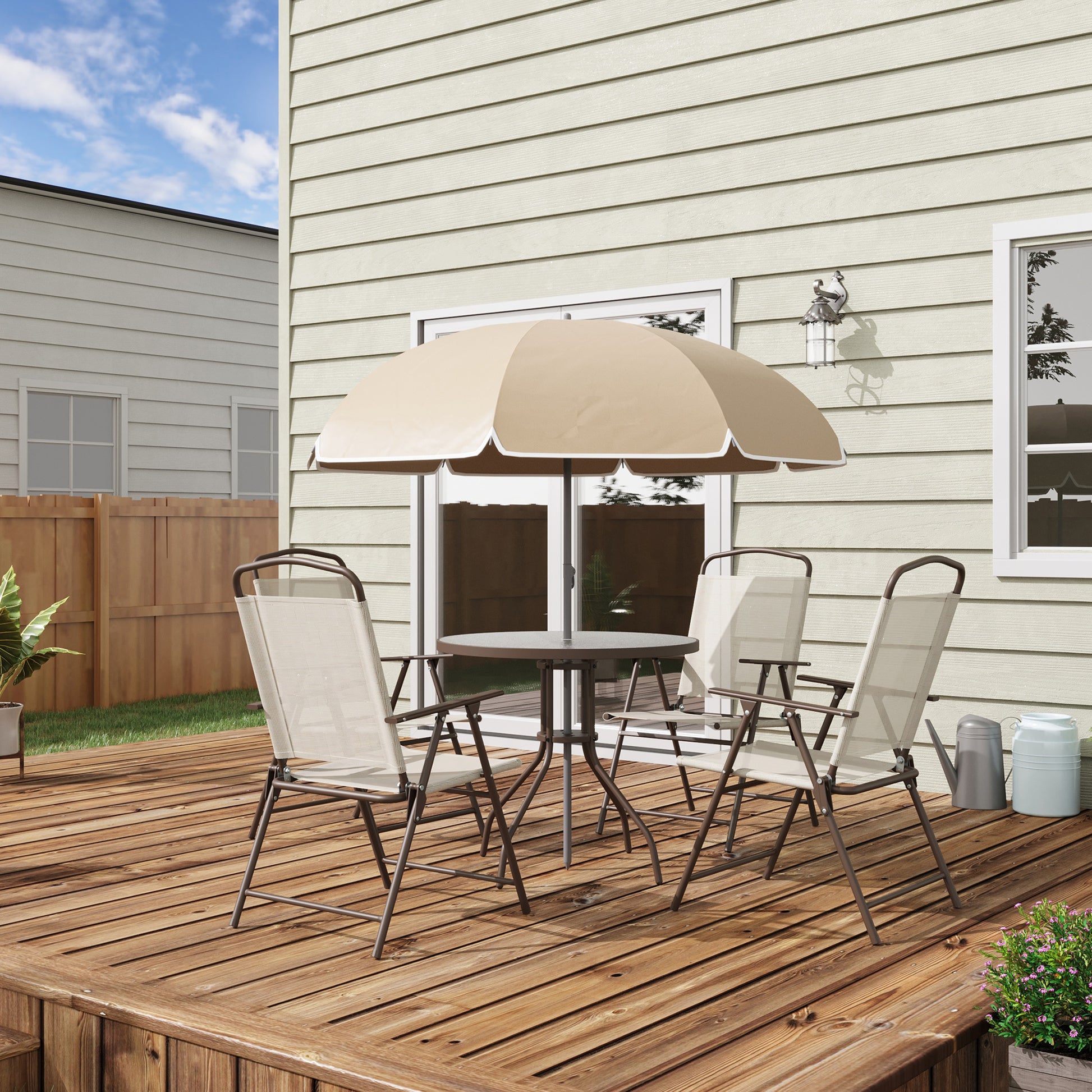 6 piece patio furniture with umbrella Outsunny 6 Piece Patio Dining Set For 4 With Umbrella, Outdoor Table And Chairs With 4 Folding Dining Chairs & Round Glass Table For Garden, Backyard