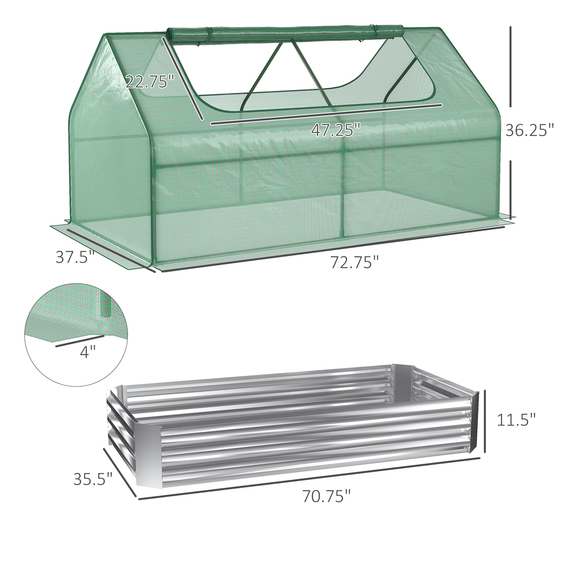 Outsunny 6' X 3' Galvanized Raised Garden Bed With Mini Pe Greenhouse Cover, Outdoor Metal Planter Box With 2 Roll Up Windows For Growing Flowers, Fruits, Vegetables And Herbs, Silver Silver Polyethylene