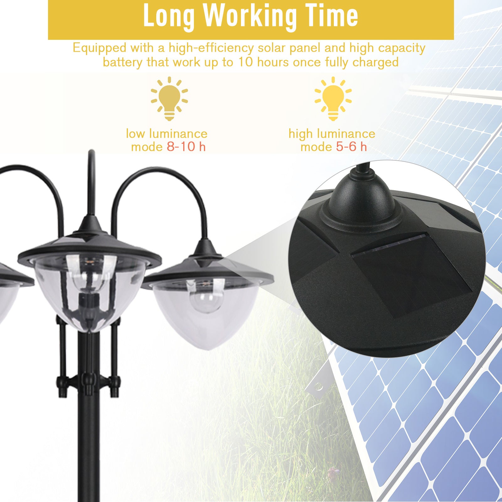 Outsunny 74.5" 3 Head Solar Lamp Post Street Light With Planter, Automatic On, 6 Hour Max Outdoor Ready Led Lighting, Black Black Steel